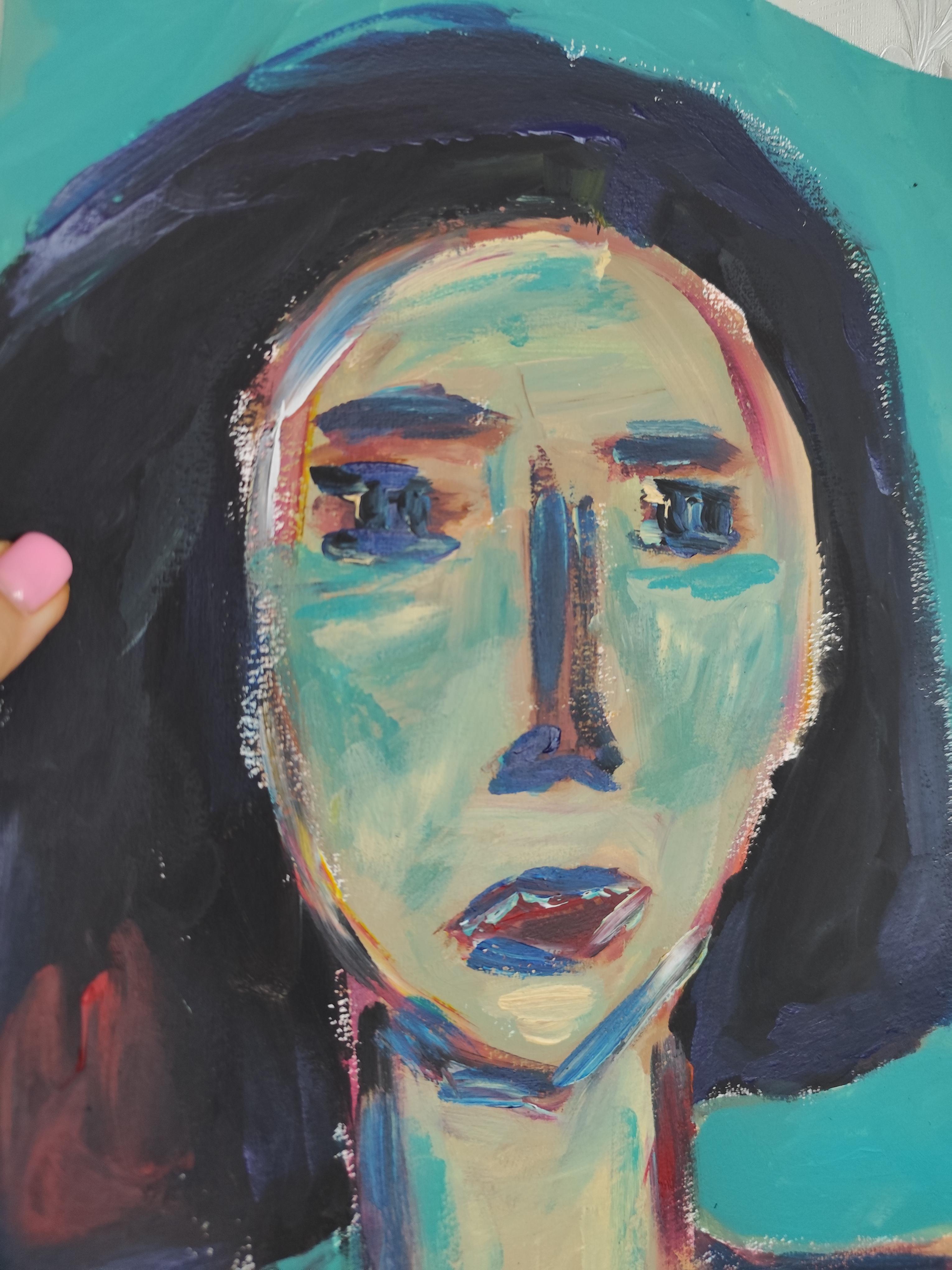 Zeitgenössisches abstraktes expressionistisches Frauenporträt Papier 