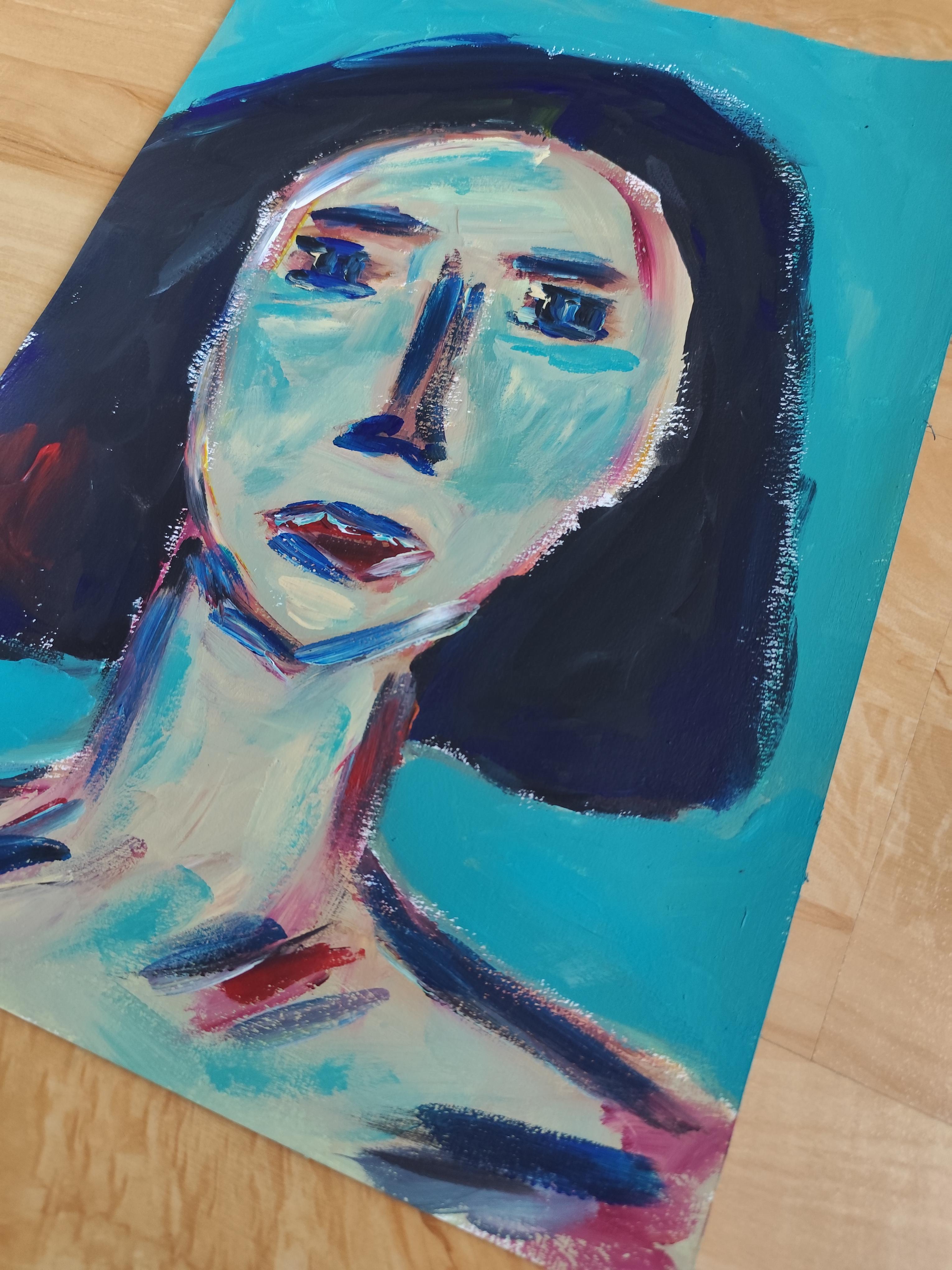 Zeitgenössisches abstraktes expressionistisches Frauenporträt Papier 