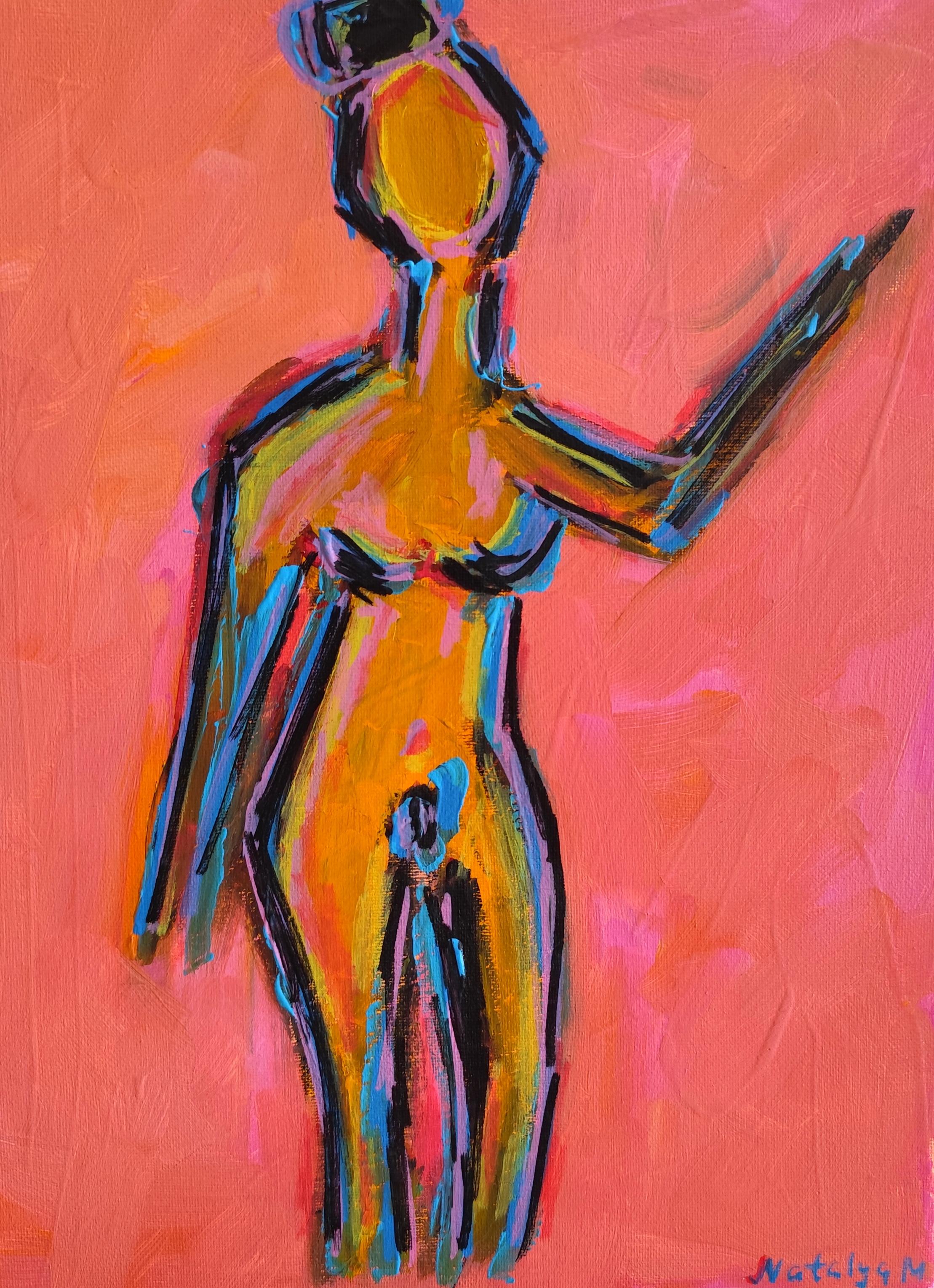 Nude Painting Mougenot Natalya - Portrait de femme expressionniste abstrait contemporain "Reaching for light" (vers la lumière)