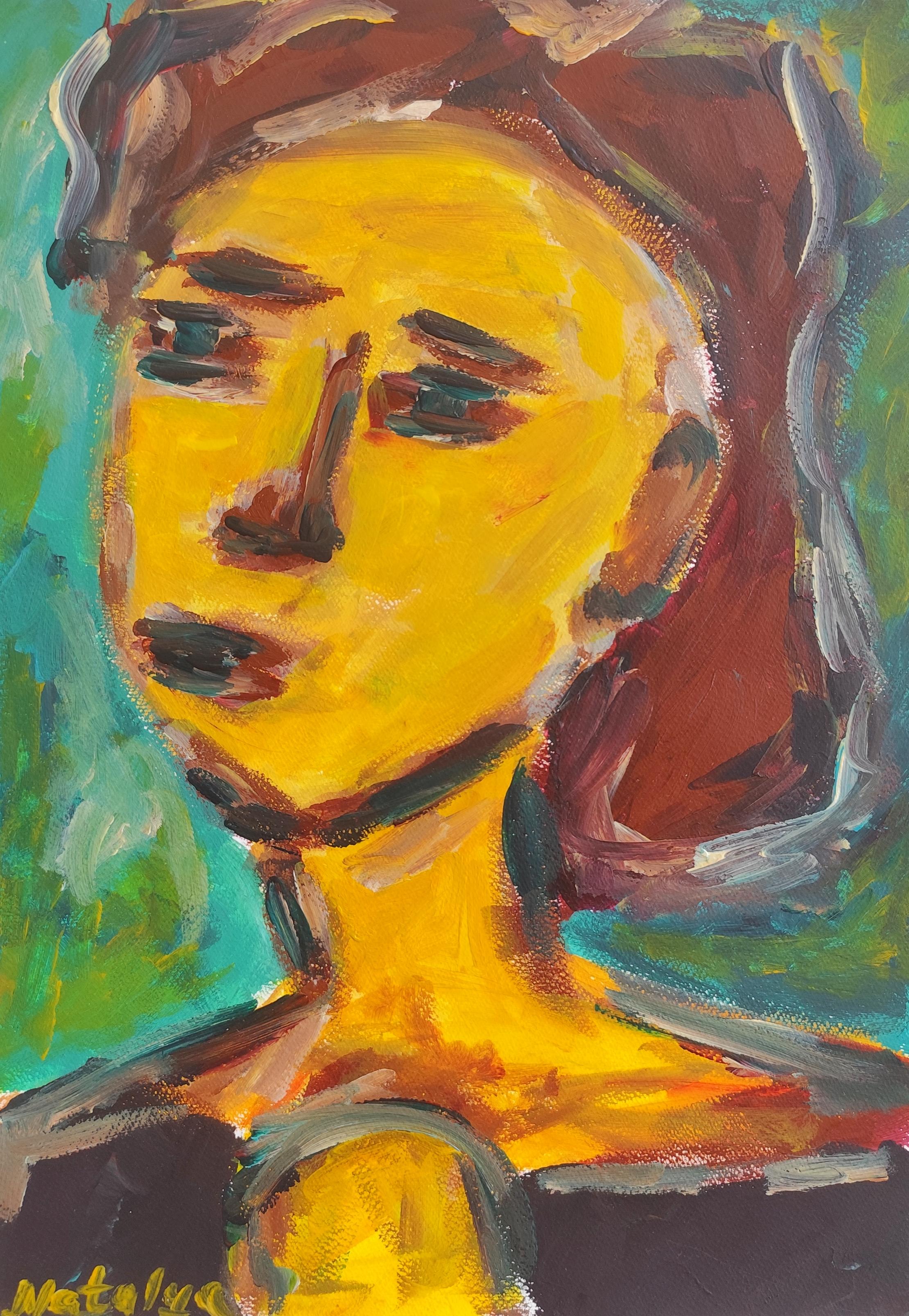 Mougenot Natalya Abstract Painting – Zeitgenössisches abstraktes expressionistisches Frauenporträt "Die, die morgen sieht"