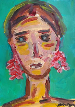 Retrato de mujer expresionista abstracto contemporáneo "Mujer con gotas de rubí"