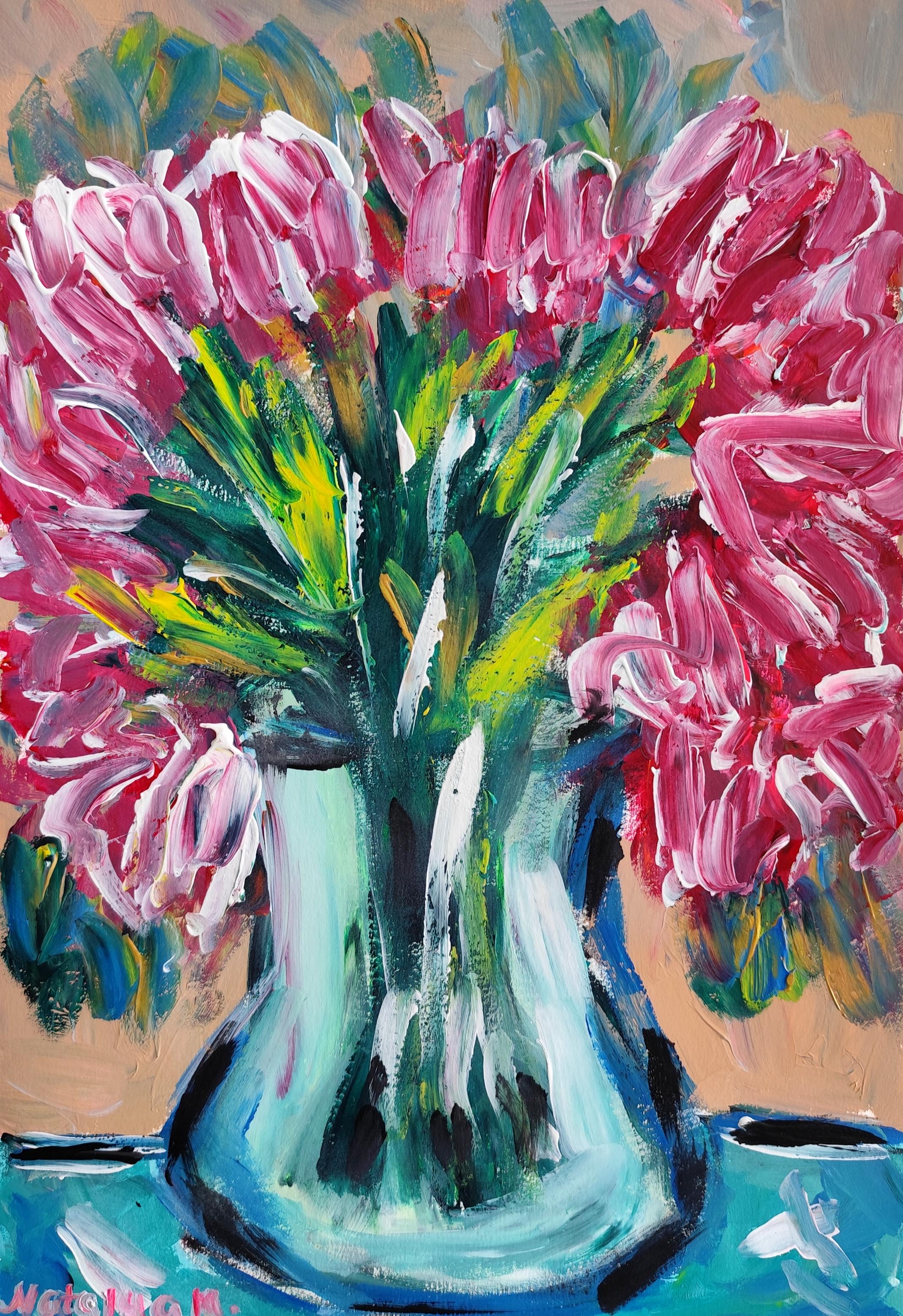 Zeitgenössische abstrakte ausdrucksstarke Blumenmalerei auf Papier "Blühende Blütenblätter".