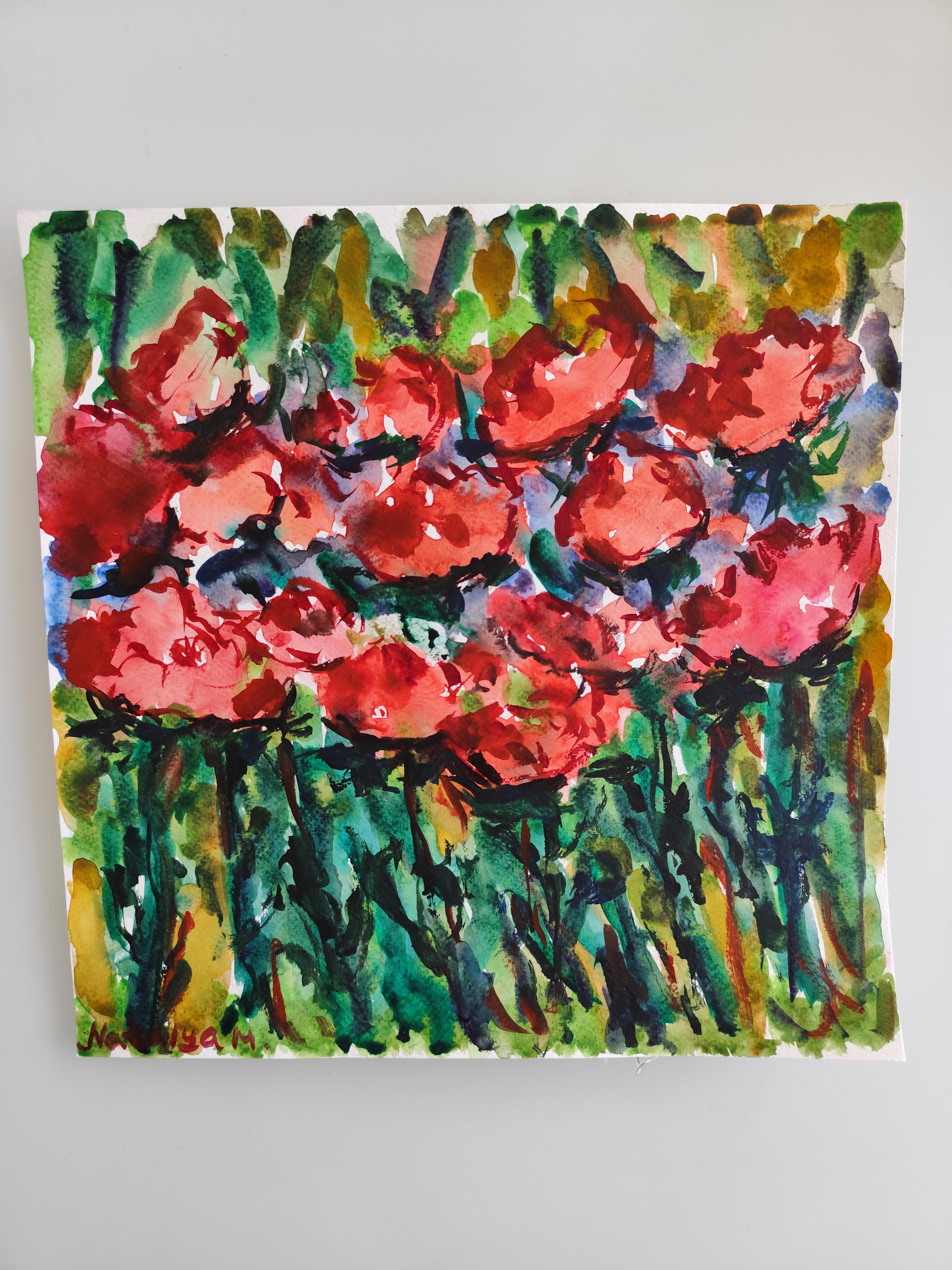 Zeitgenössische abstrakte ausdrucksstarke florale Aquarellmalerei 