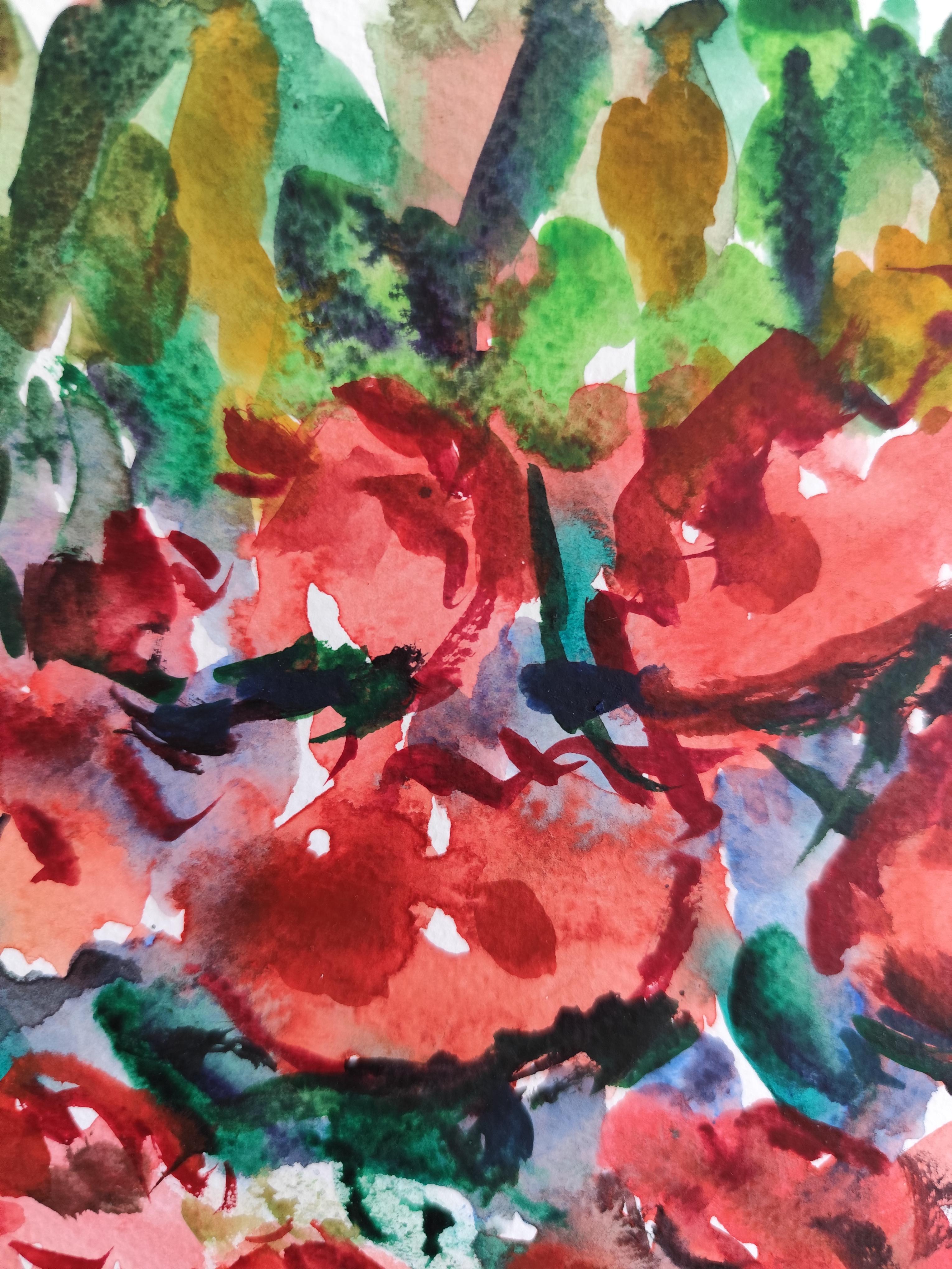 Zeitgenössische abstrakte ausdrucksstarke florale Aquarellmalerei 