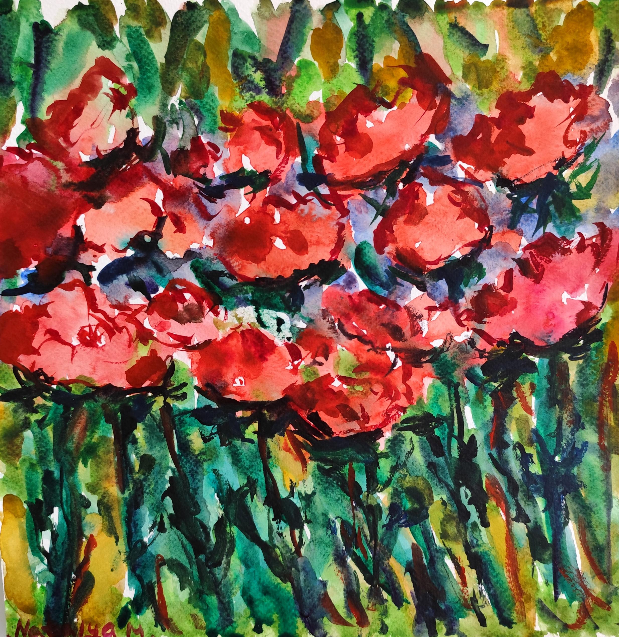 Mougenot Natalya Abstract Painting – Zeitgenössische abstrakte ausdrucksstarke florale Aquarellmalerei "Blüte in Rot"