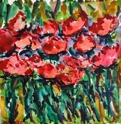 Zeitgenössische abstrakte ausdrucksstarke florale Aquarellmalerei "Blüte in Rot"