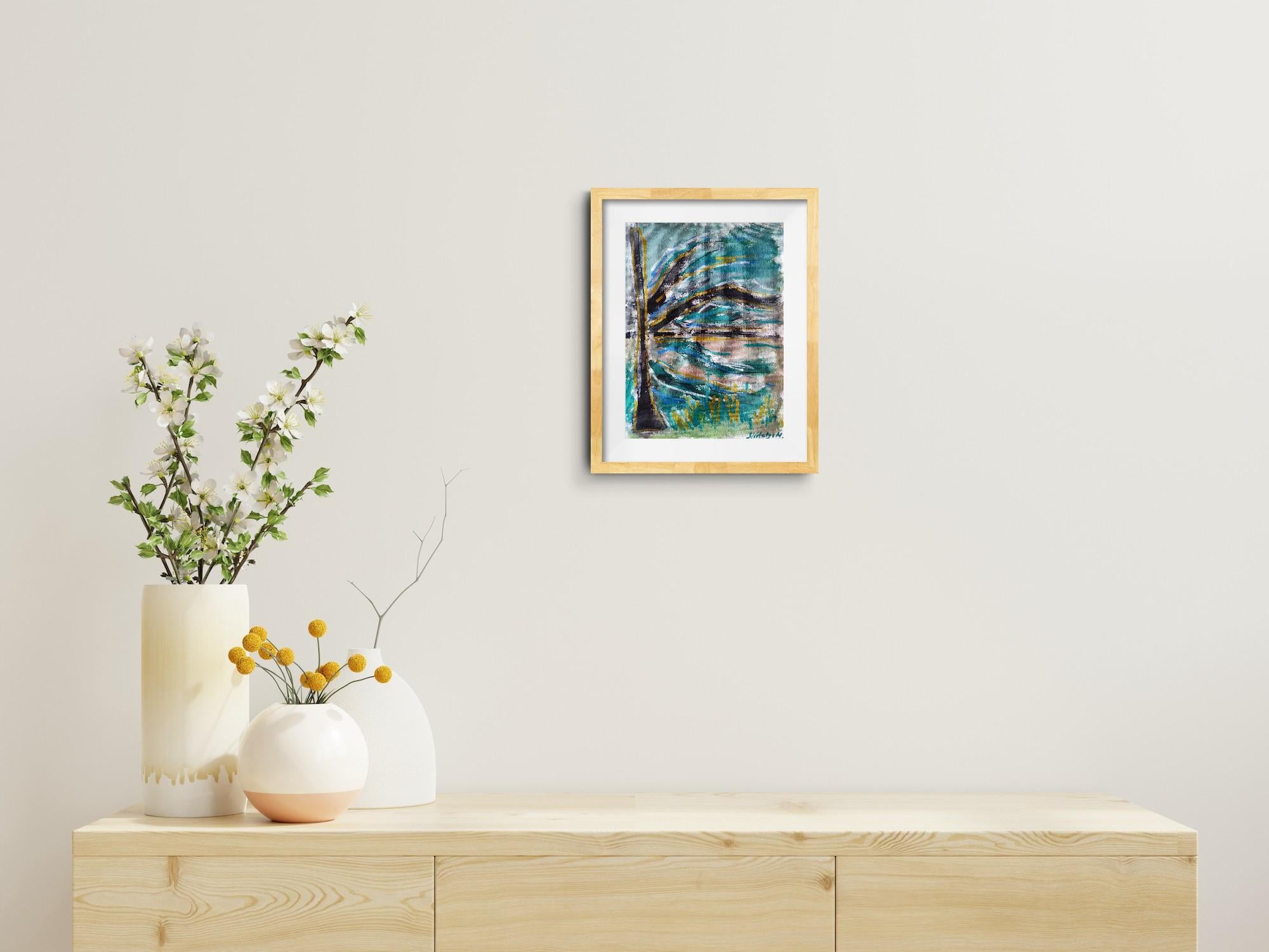 This contemporary abstract expressionist nature painting was created by French artist Natalya Mougenot as part of her ongoing series inspired by the landscapes and emotional energy of Provence, in the south of France.”
Titled “The Quiet of Forms,”