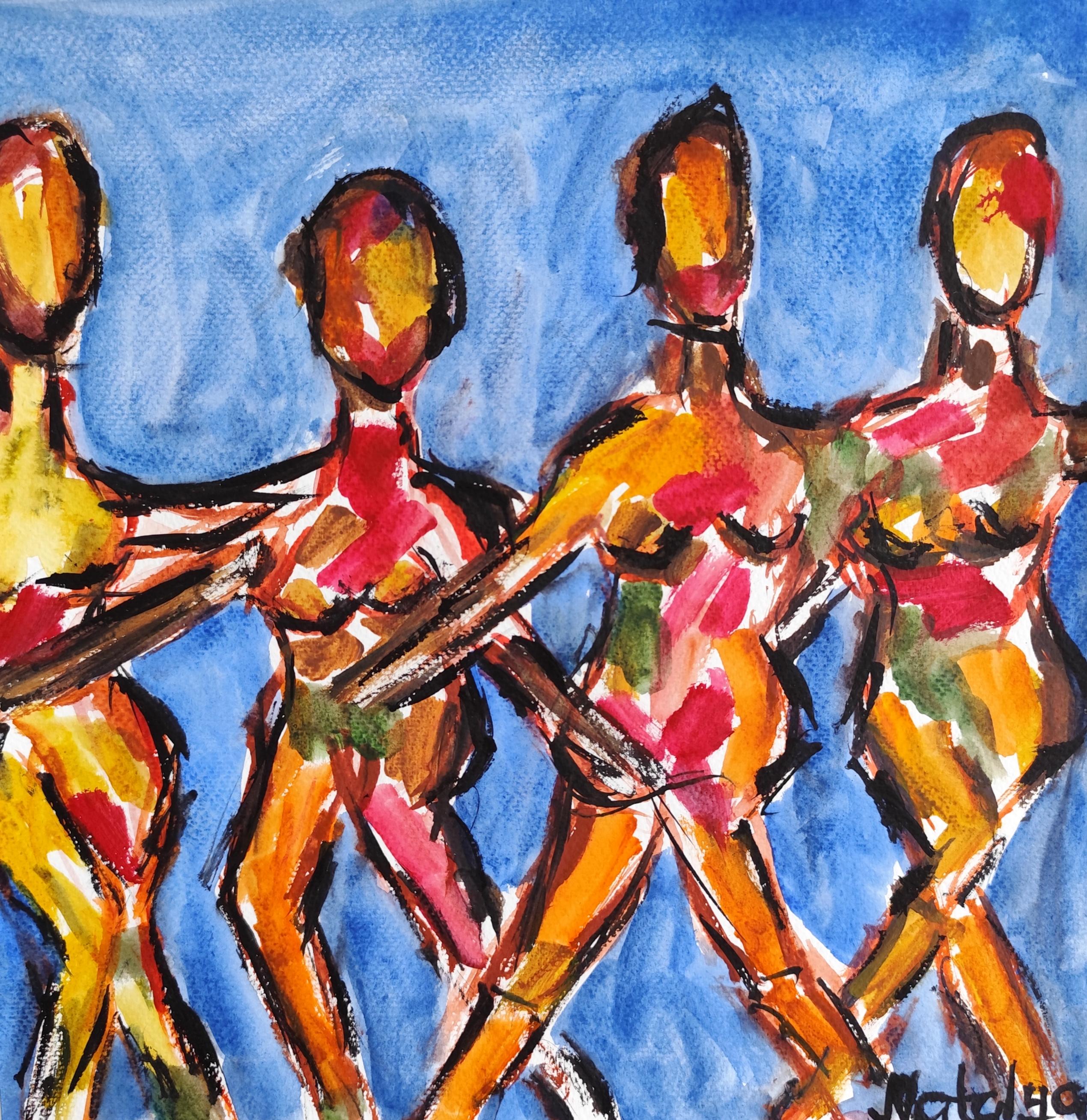 Zeitgenössische abstrakte ausdrucksstarke Aquarellmalerei auf Papier  "Blue Rapshody"