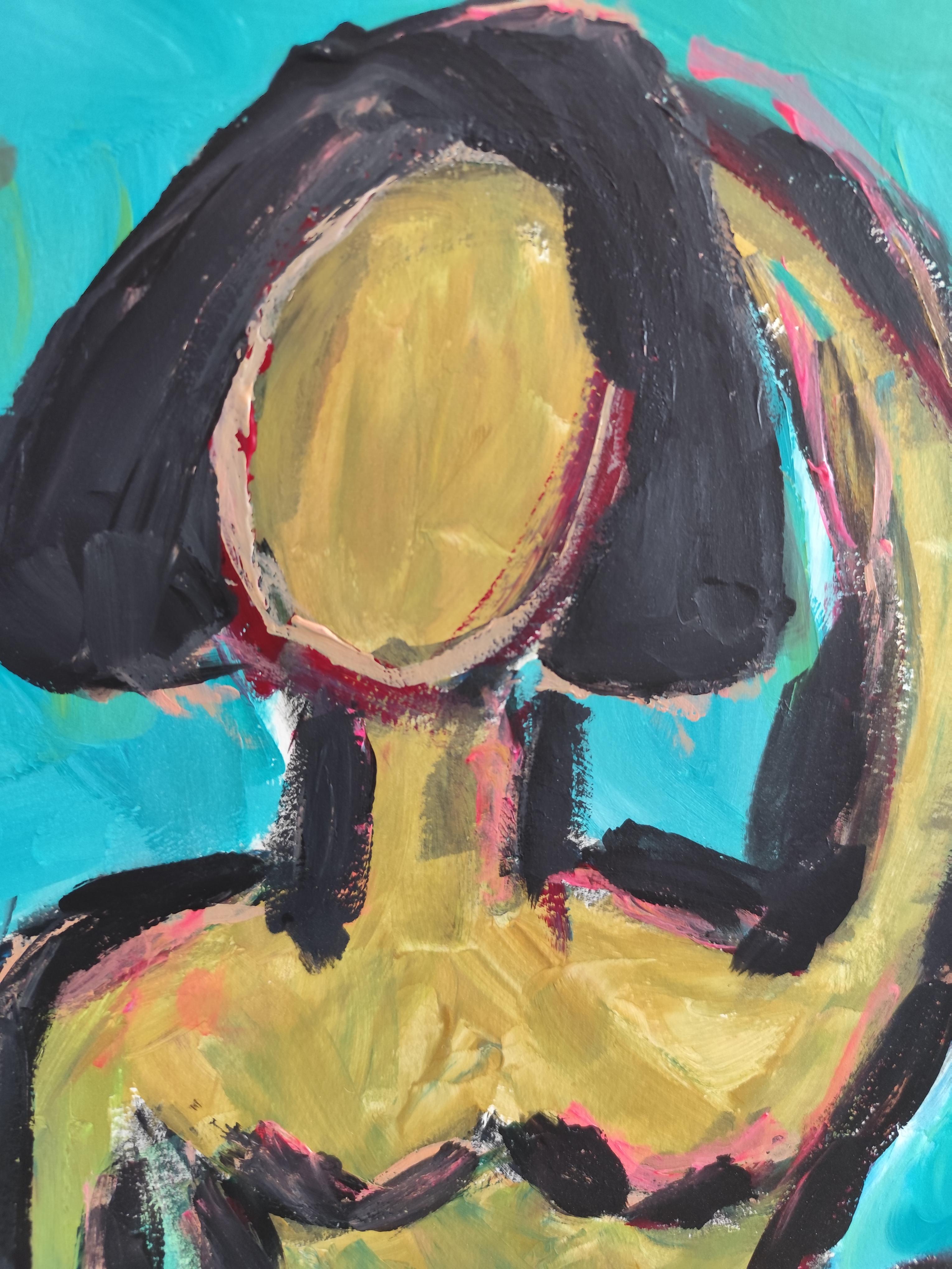 Peinture abstraite contemporaine sur papier représentant une silhouette de femme expressive 