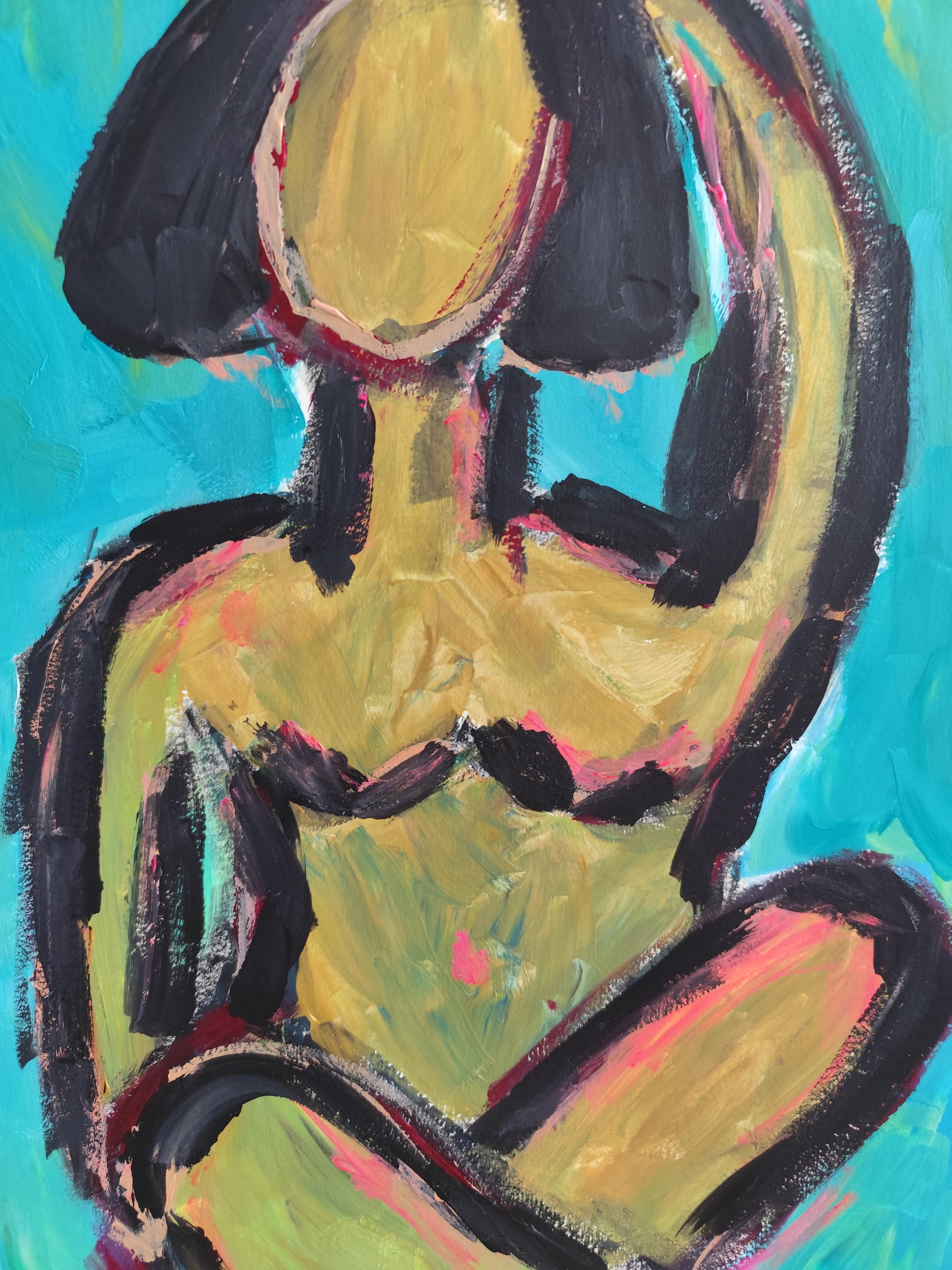 Peinture abstraite contemporaine sur papier représentant une silhouette de femme expressive 