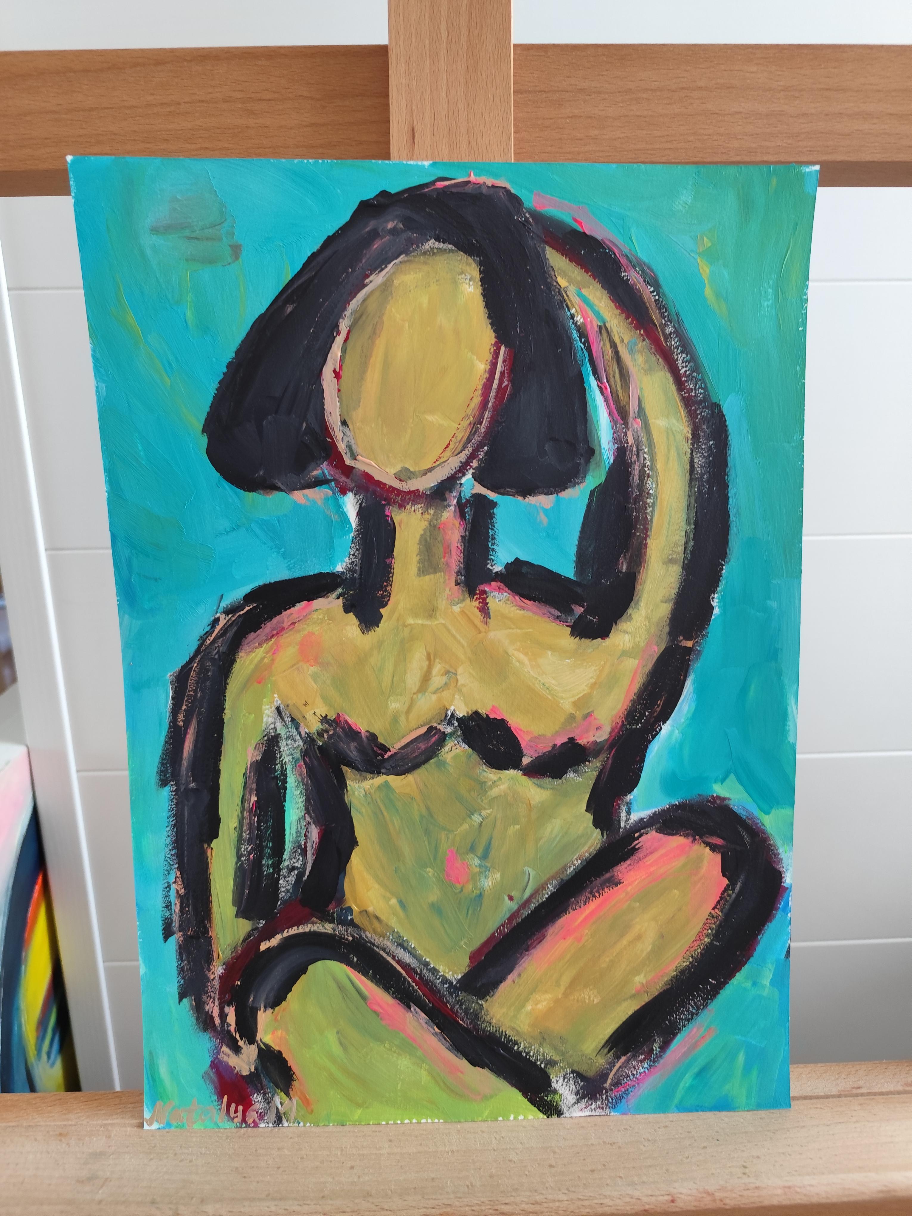 Peinture abstraite contemporaine sur papier représentant une silhouette de femme expressive 