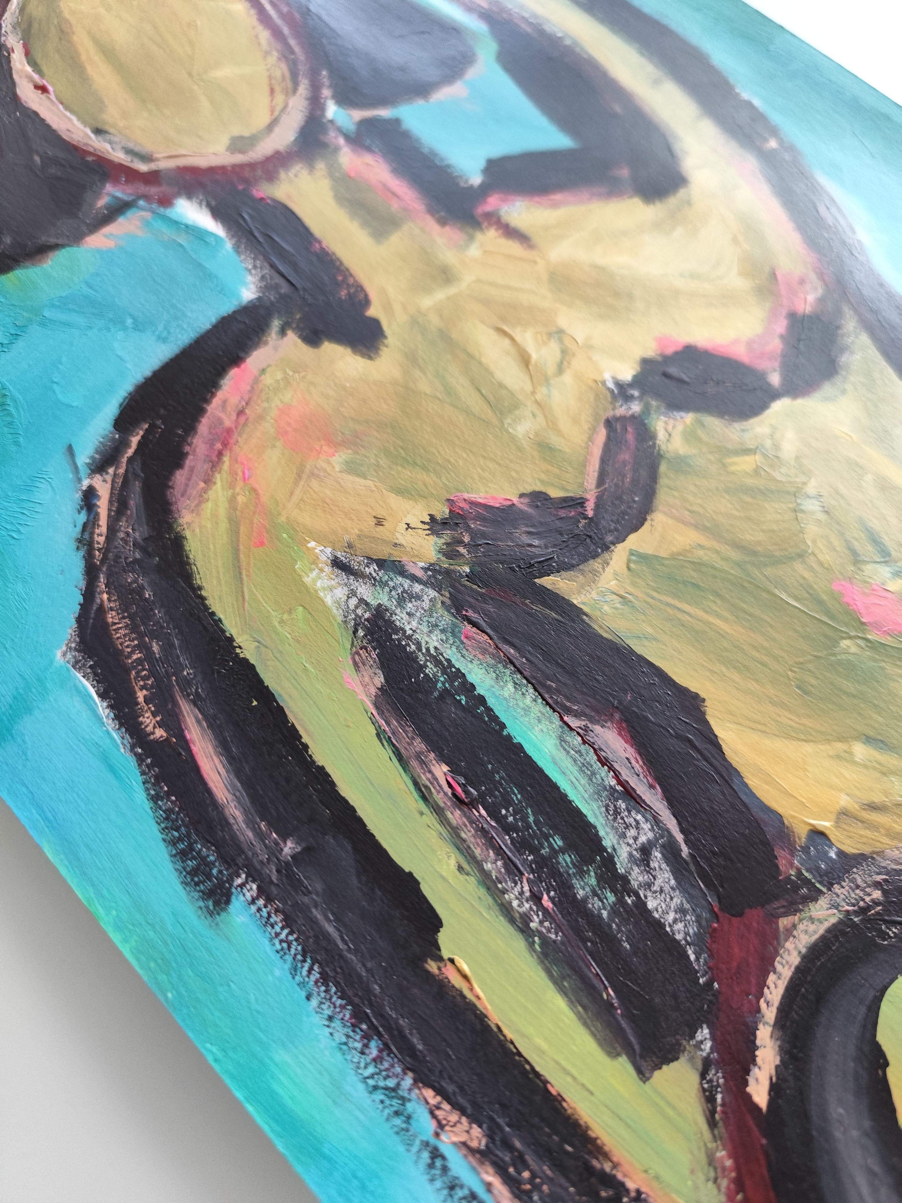 Peinture abstraite contemporaine sur papier représentant une silhouette de femme expressive 