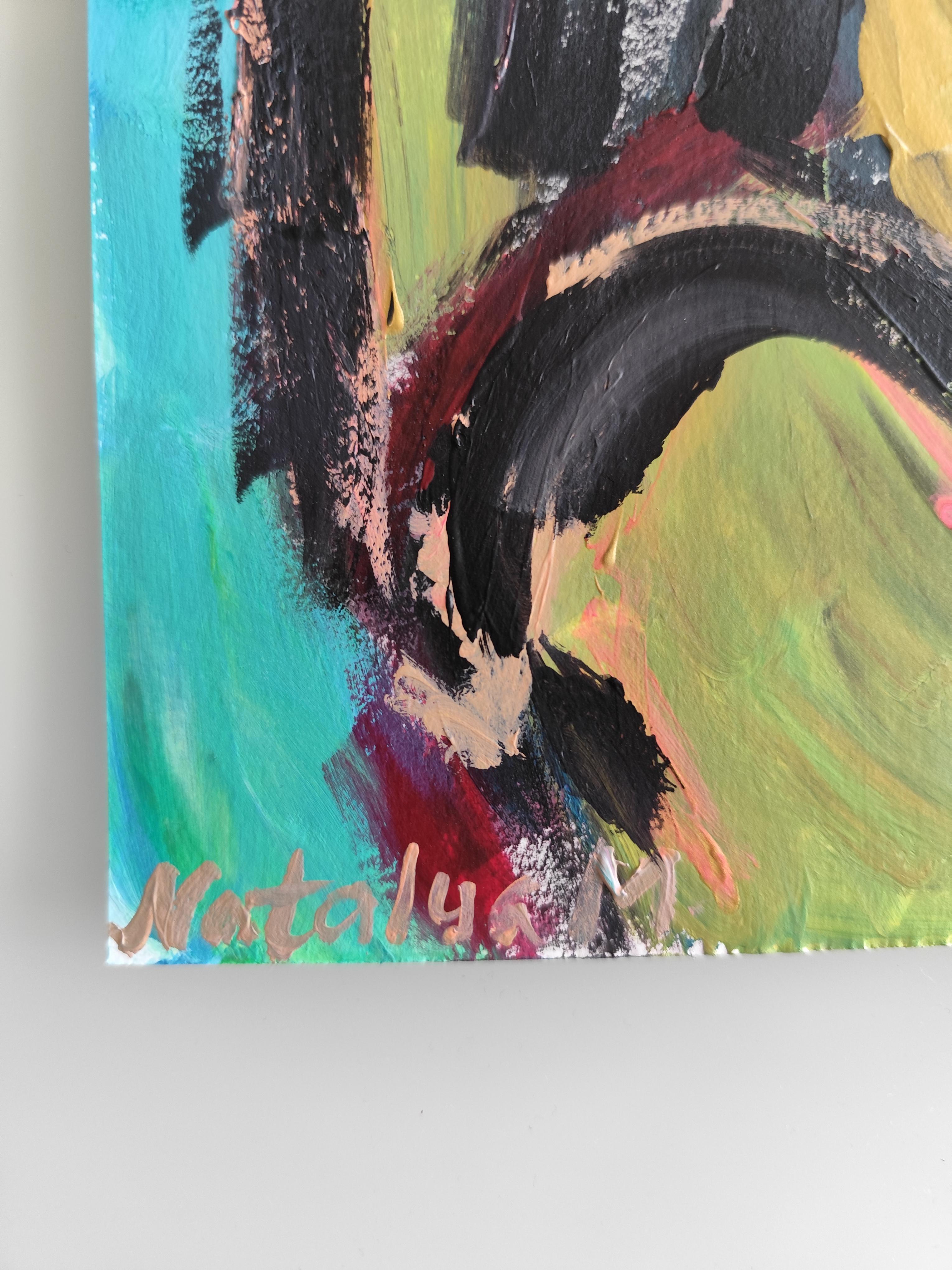 Peinture abstraite contemporaine sur papier représentant une silhouette de femme expressive 