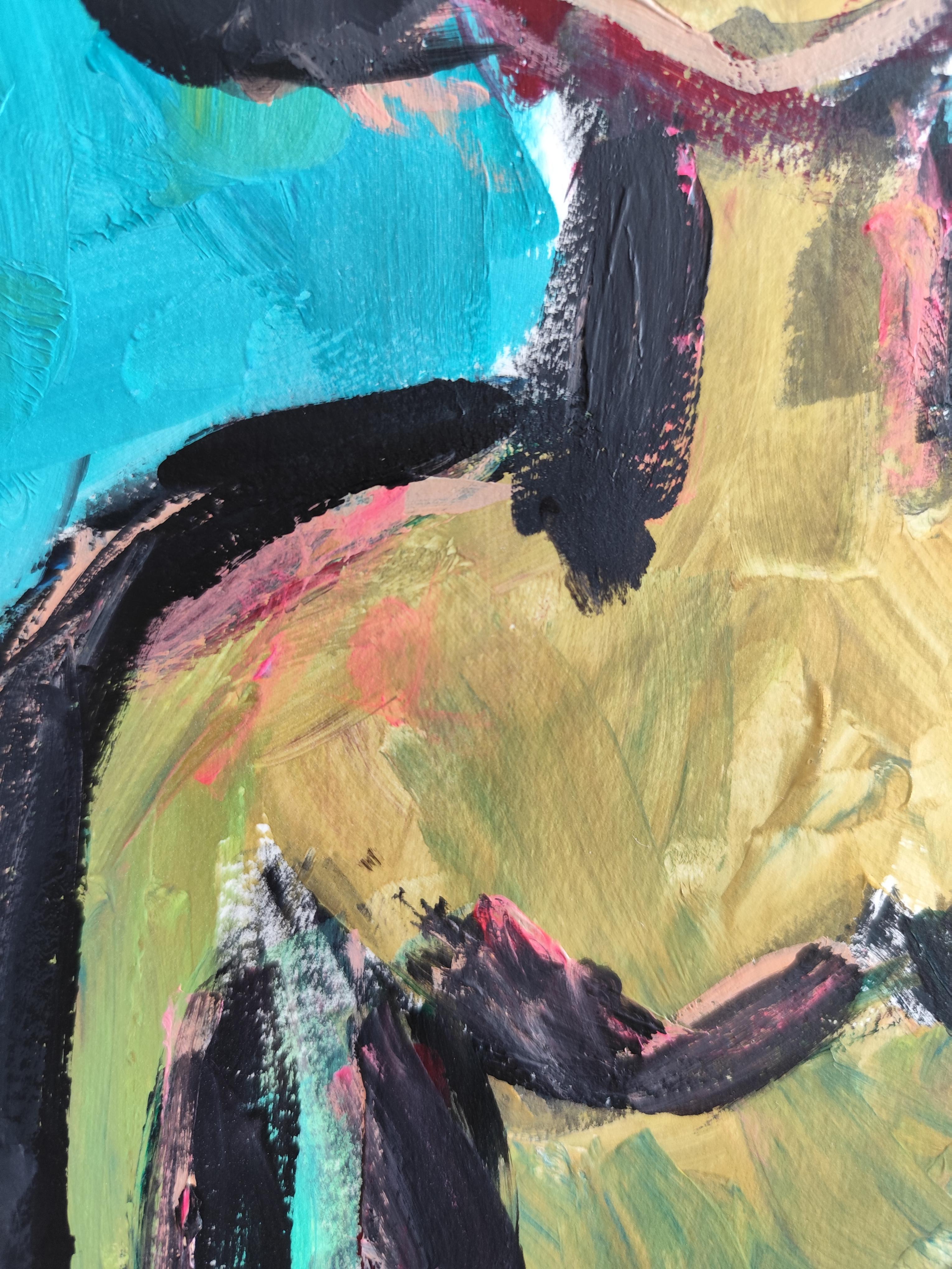 Peinture abstraite contemporaine sur papier représentant une silhouette de femme expressive 