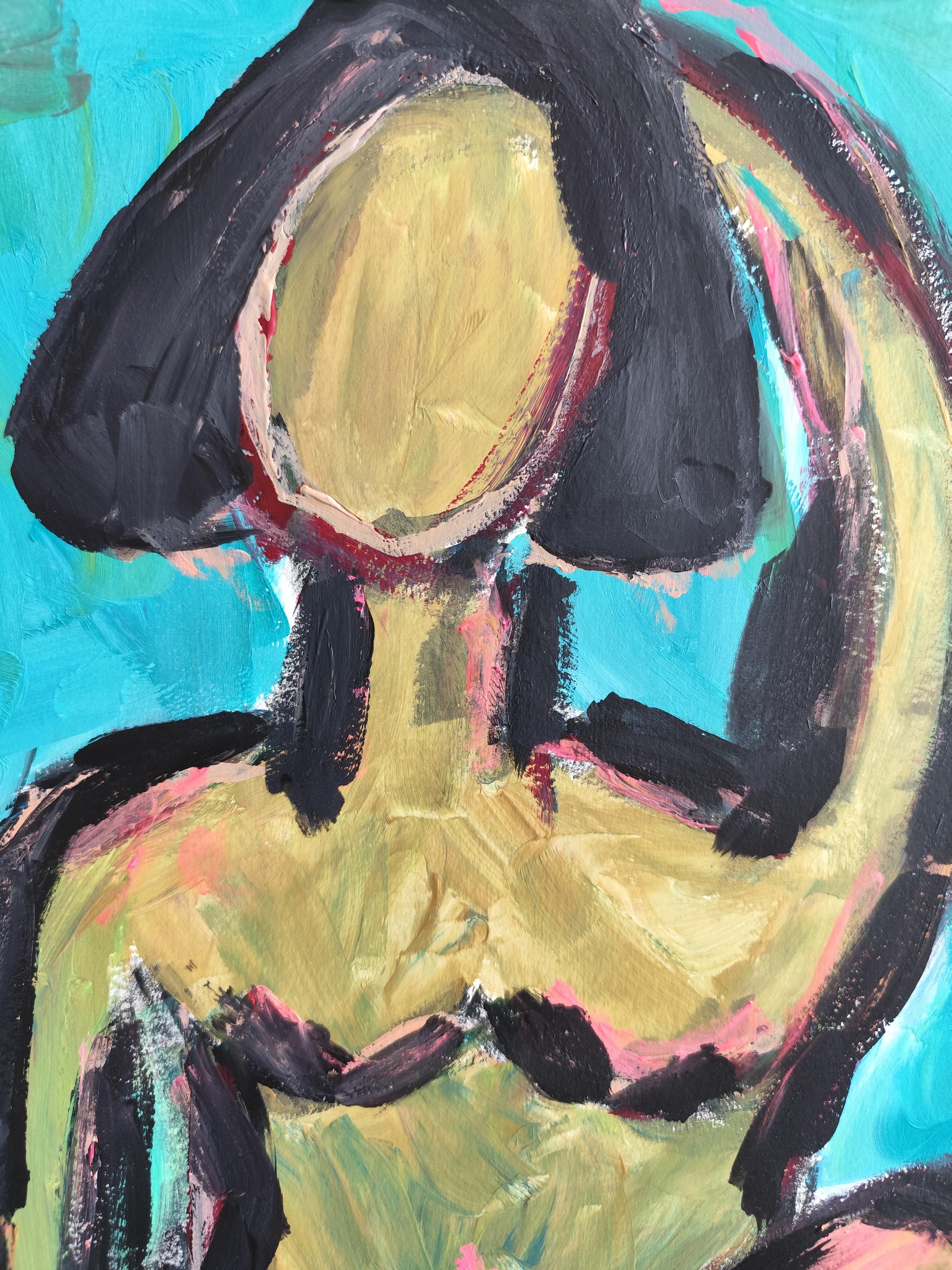 Peinture abstraite contemporaine sur papier représentant une silhouette de femme expressive 