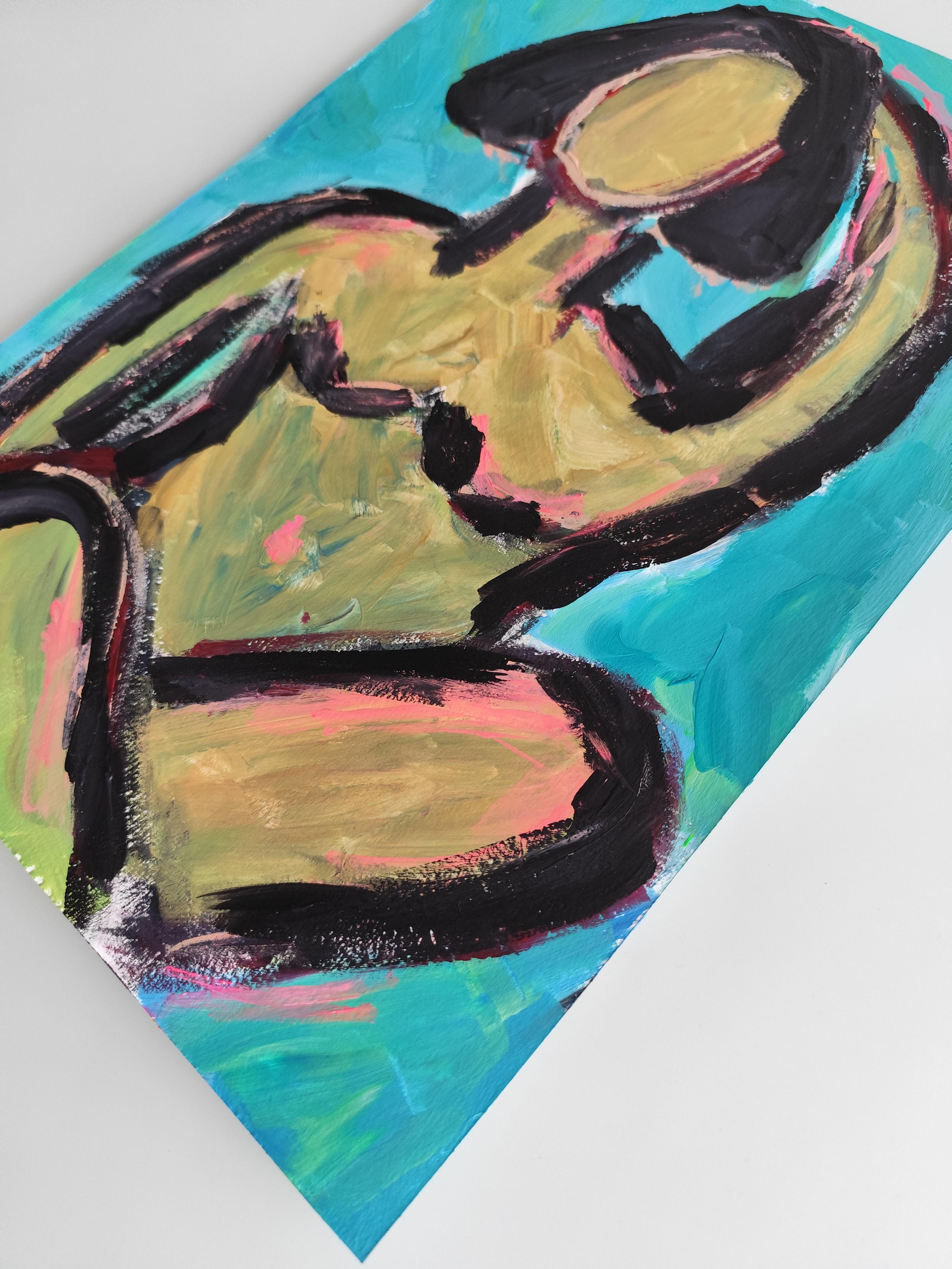 Peinture abstraite contemporaine sur papier représentant une silhouette de femme expressive 
