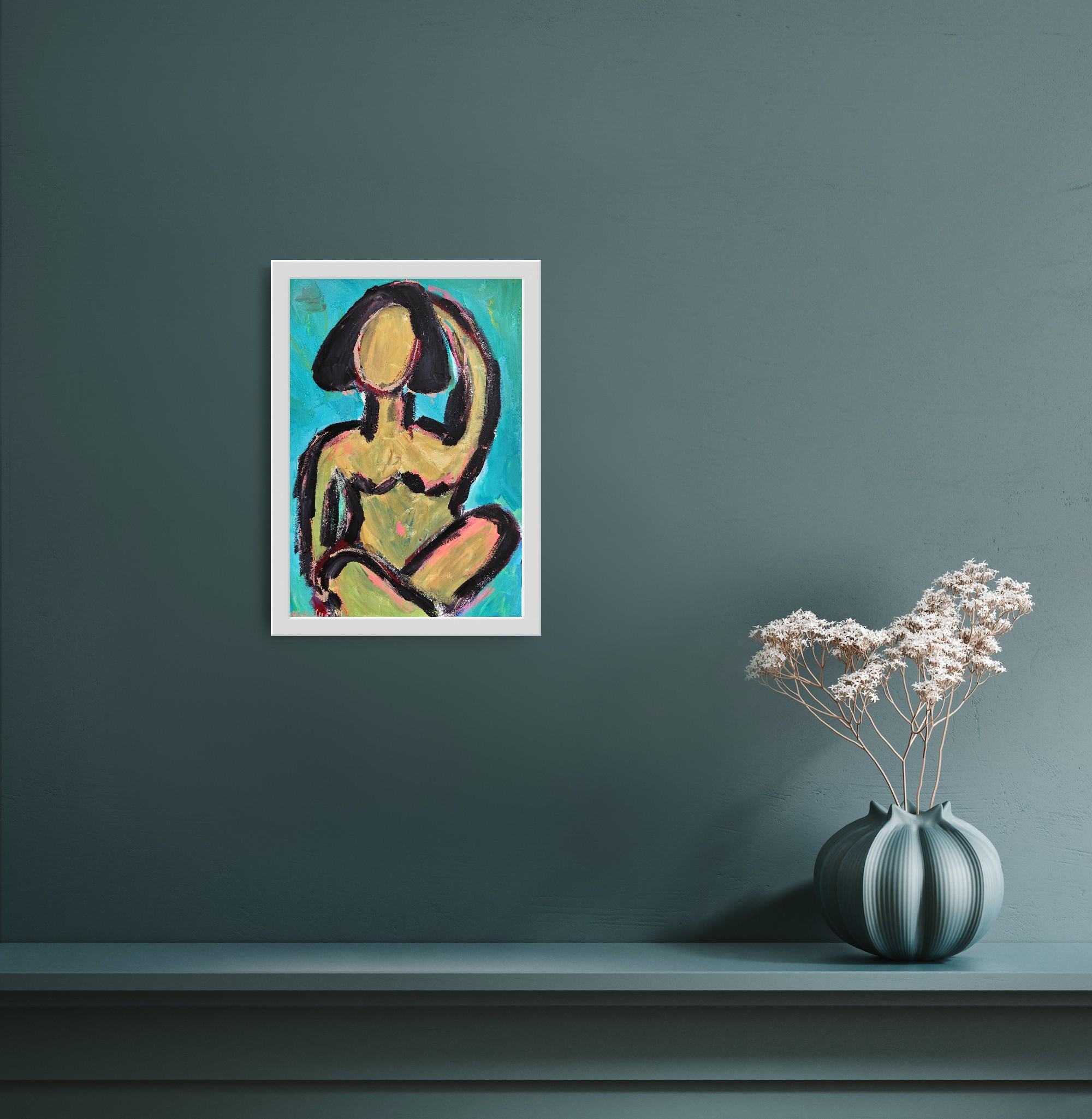 Peinture abstraite contemporaine sur papier représentant une silhouette de femme expressive 