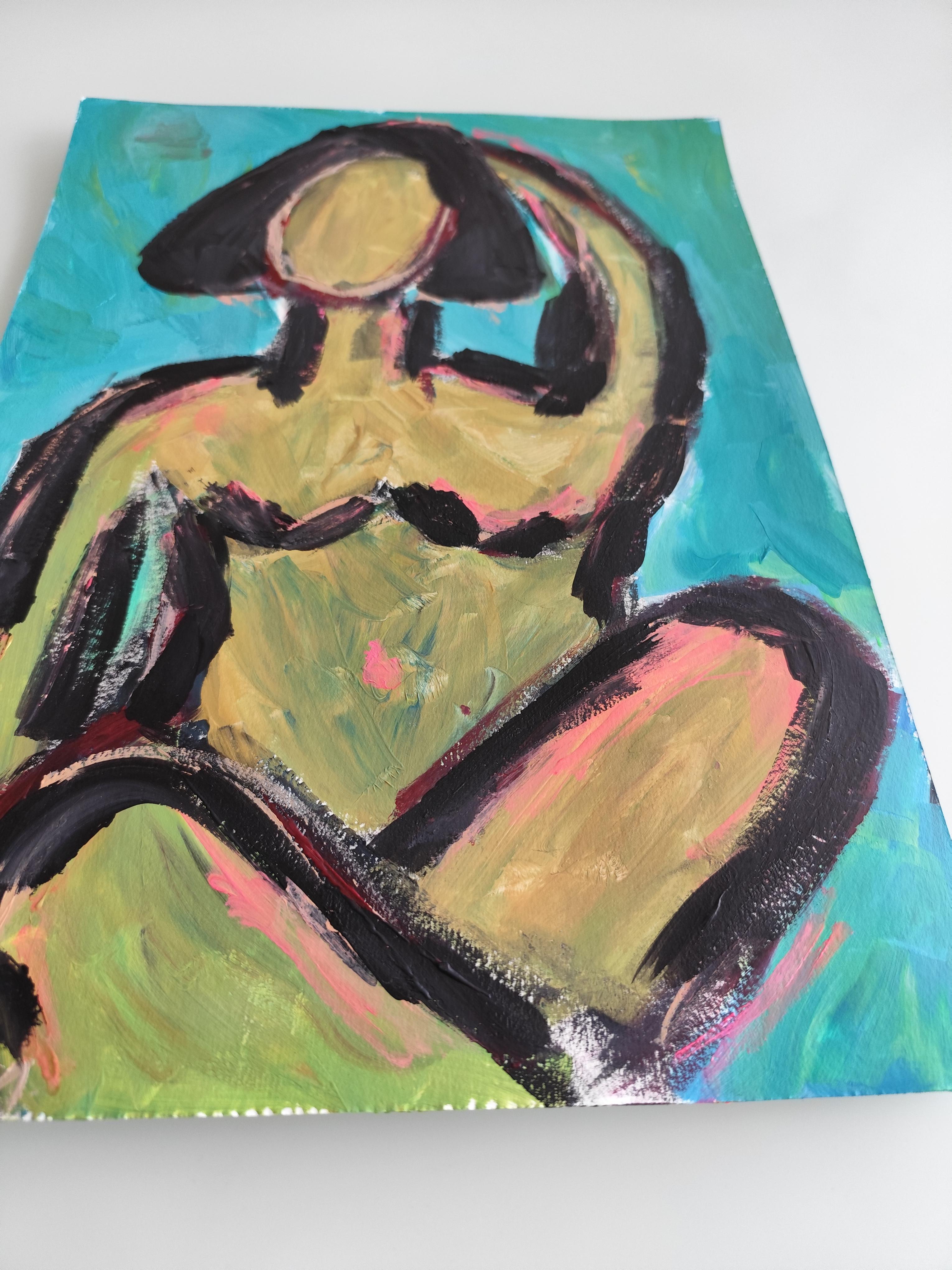 Peinture abstraite contemporaine sur papier représentant une silhouette de femme expressive 