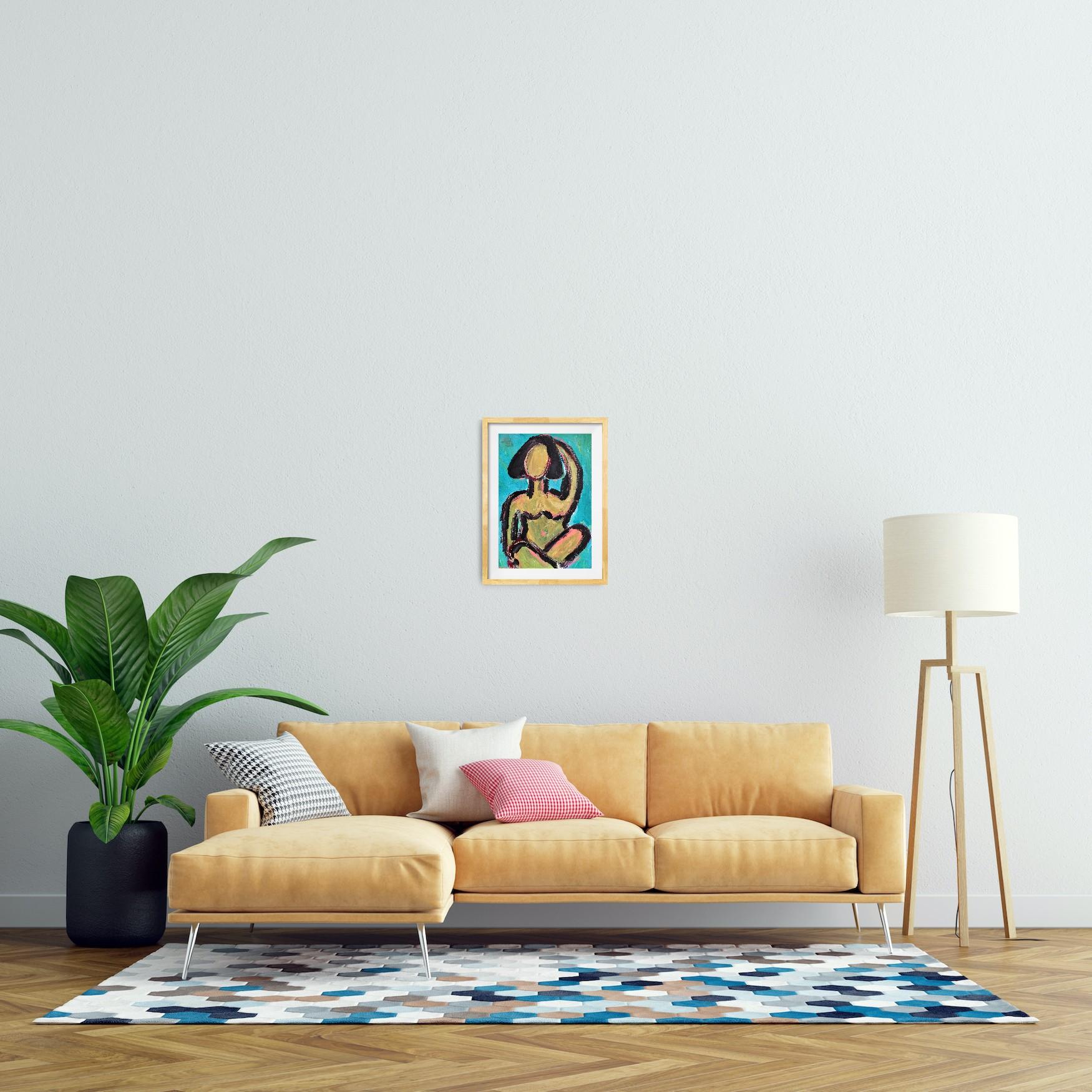 Peinture abstraite contemporaine sur papier représentant une silhouette de femme expressive 