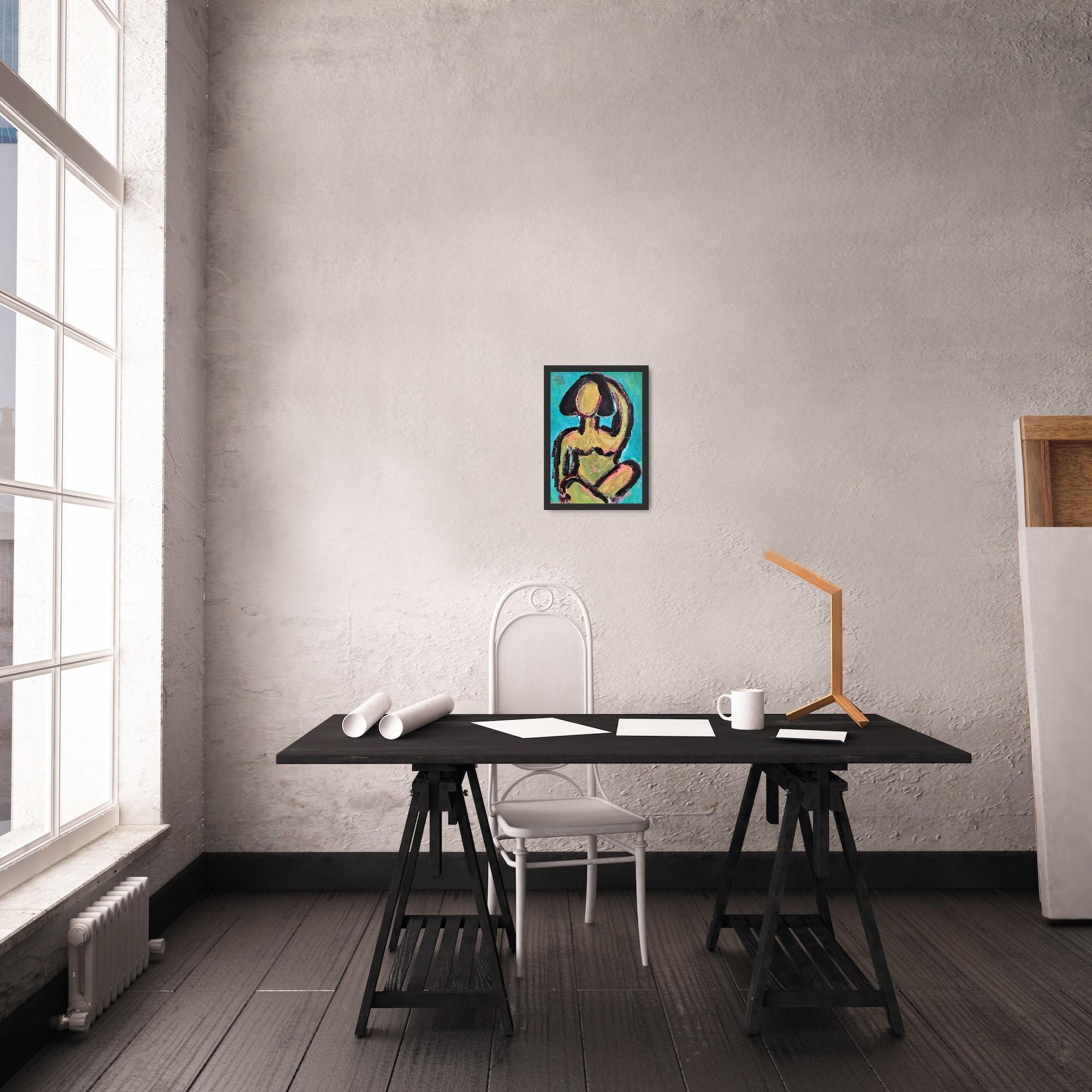 Peinture abstraite contemporaine sur papier représentant une silhouette de femme expressive 