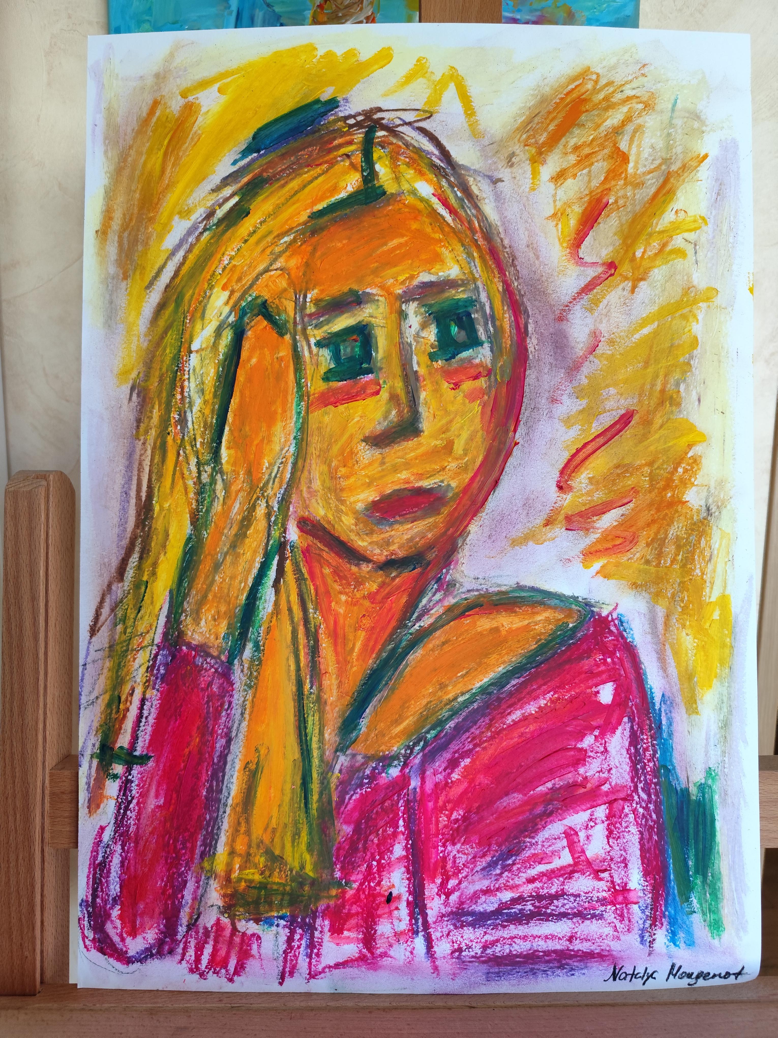 Ritratto astratto contemporaneo di donna espressiva su carta 