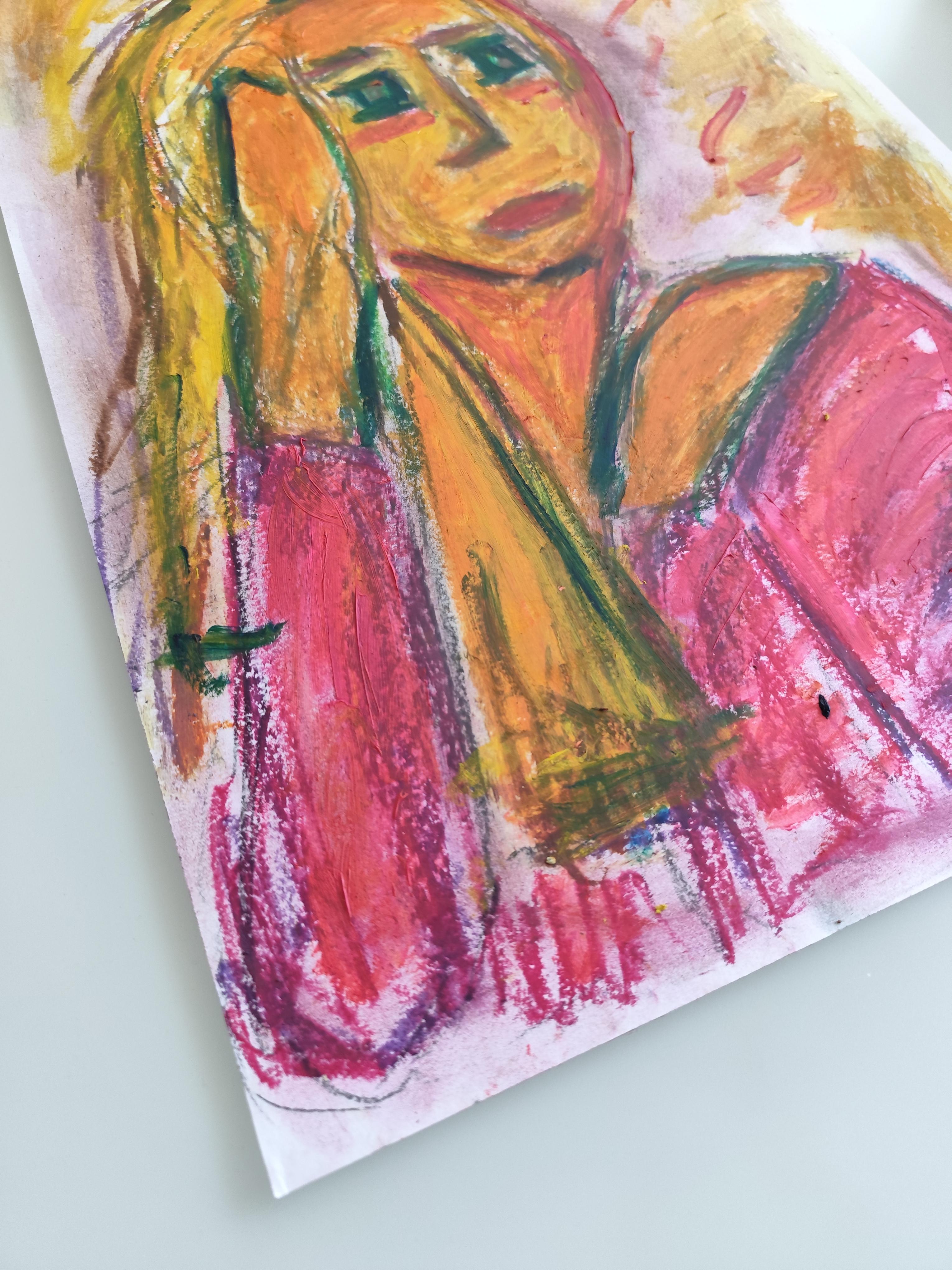 Ritratto astratto contemporaneo di donna espressiva su carta 