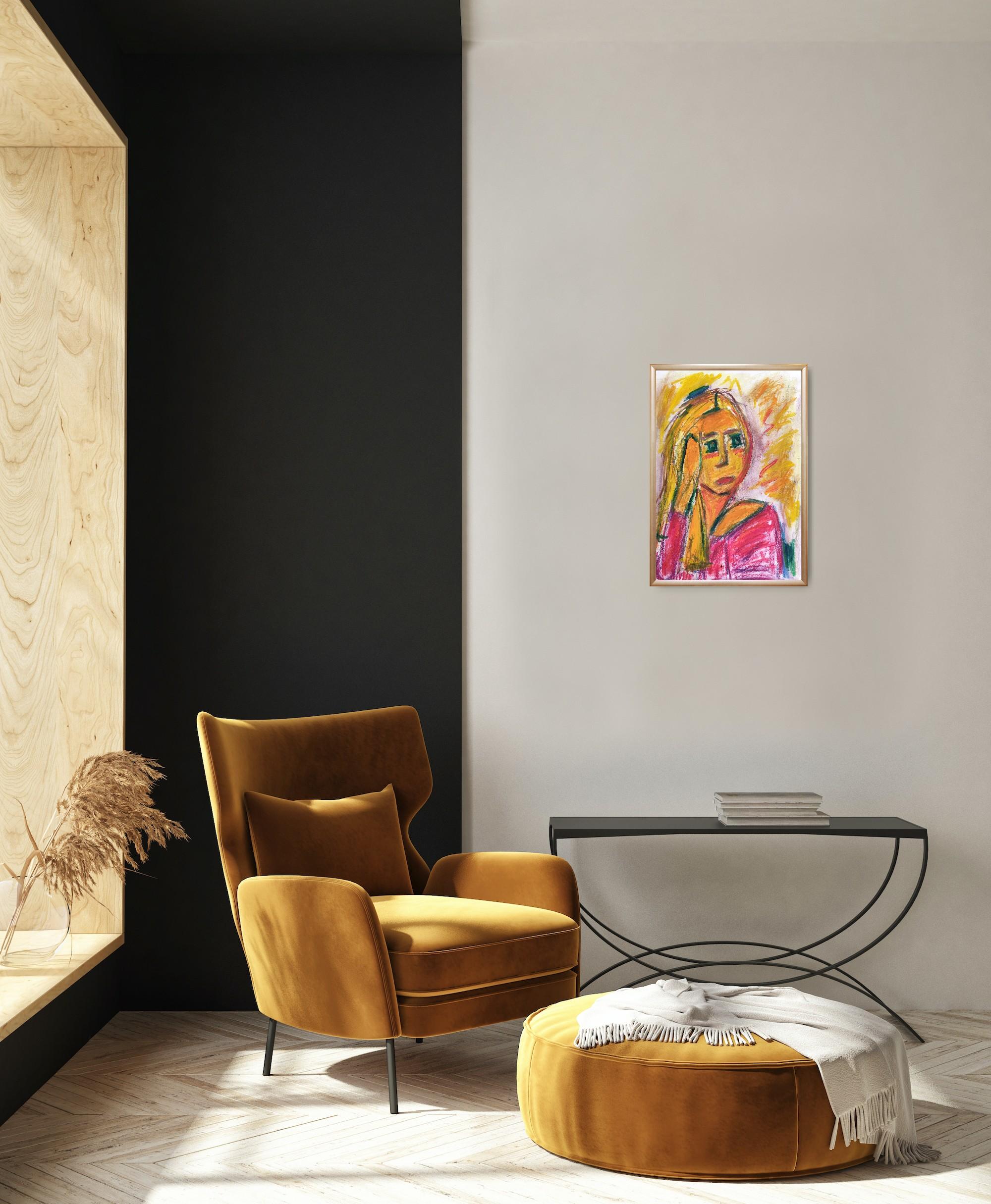 Ritratto astratto contemporaneo di donna espressiva su carta 