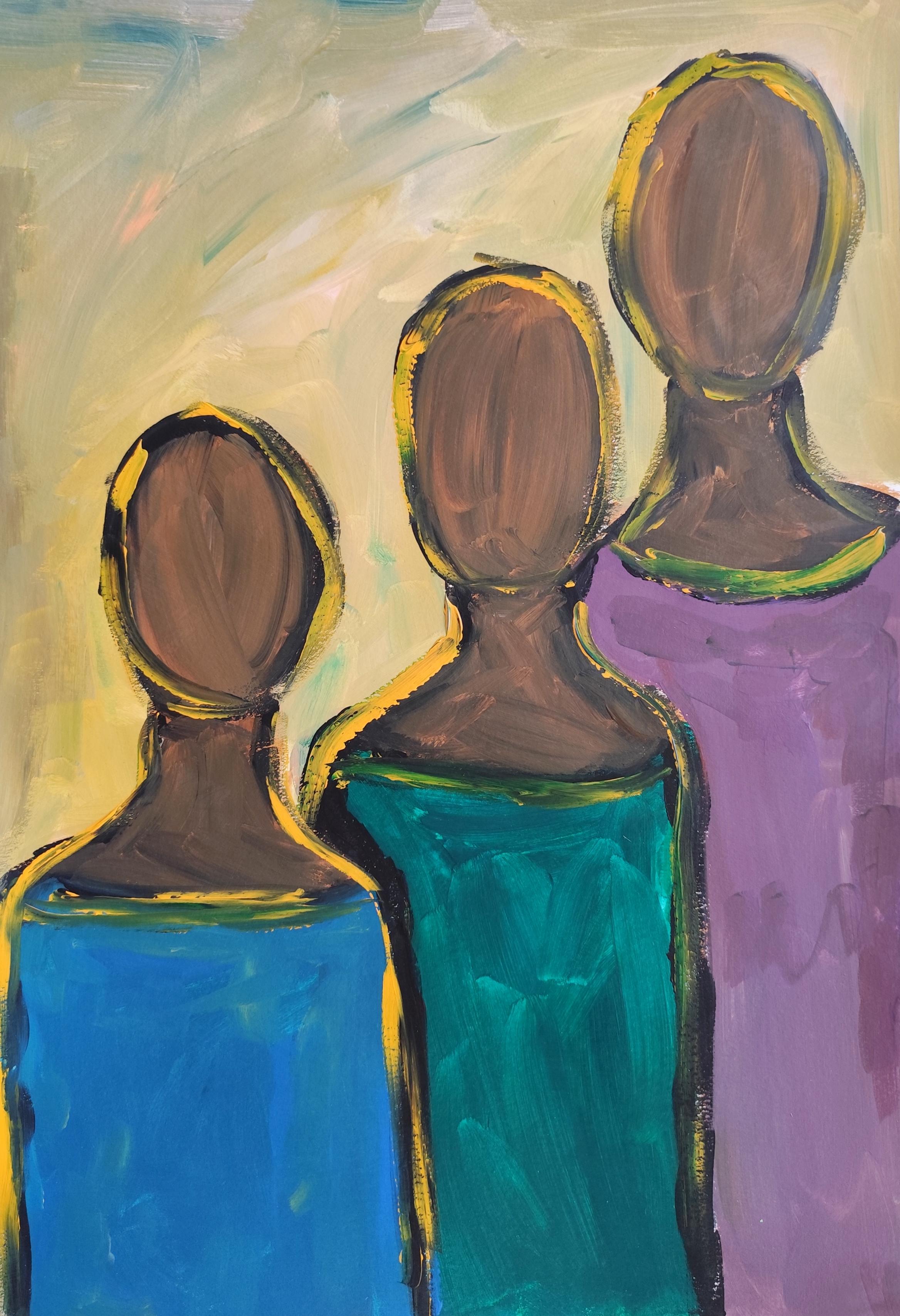Contemporary abstract figurative painting human figures on paper "Three as One"