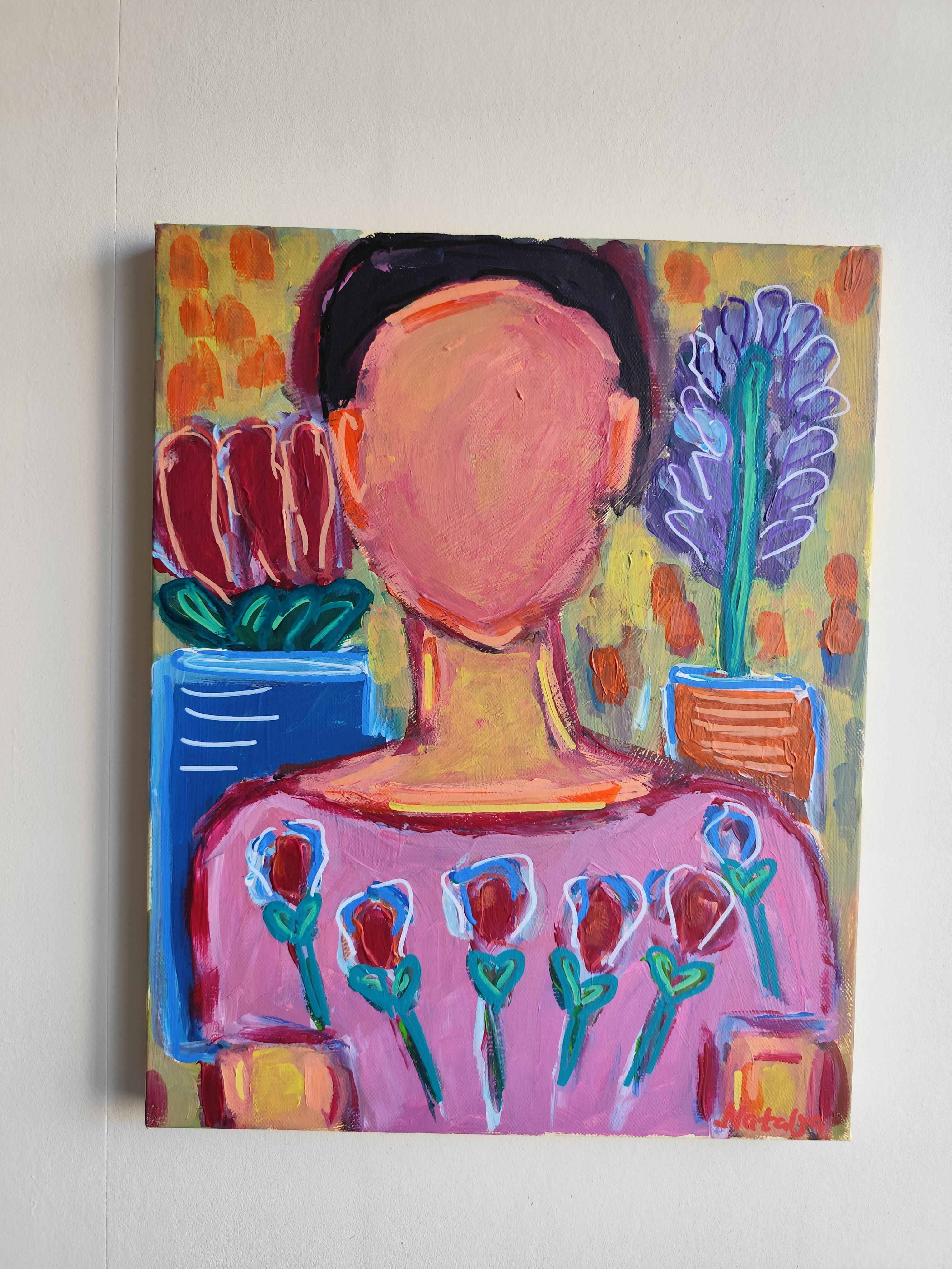 Zeitgenössische abstrakte figurative Malerei  eines Frauenporträts *Woman Blossom 