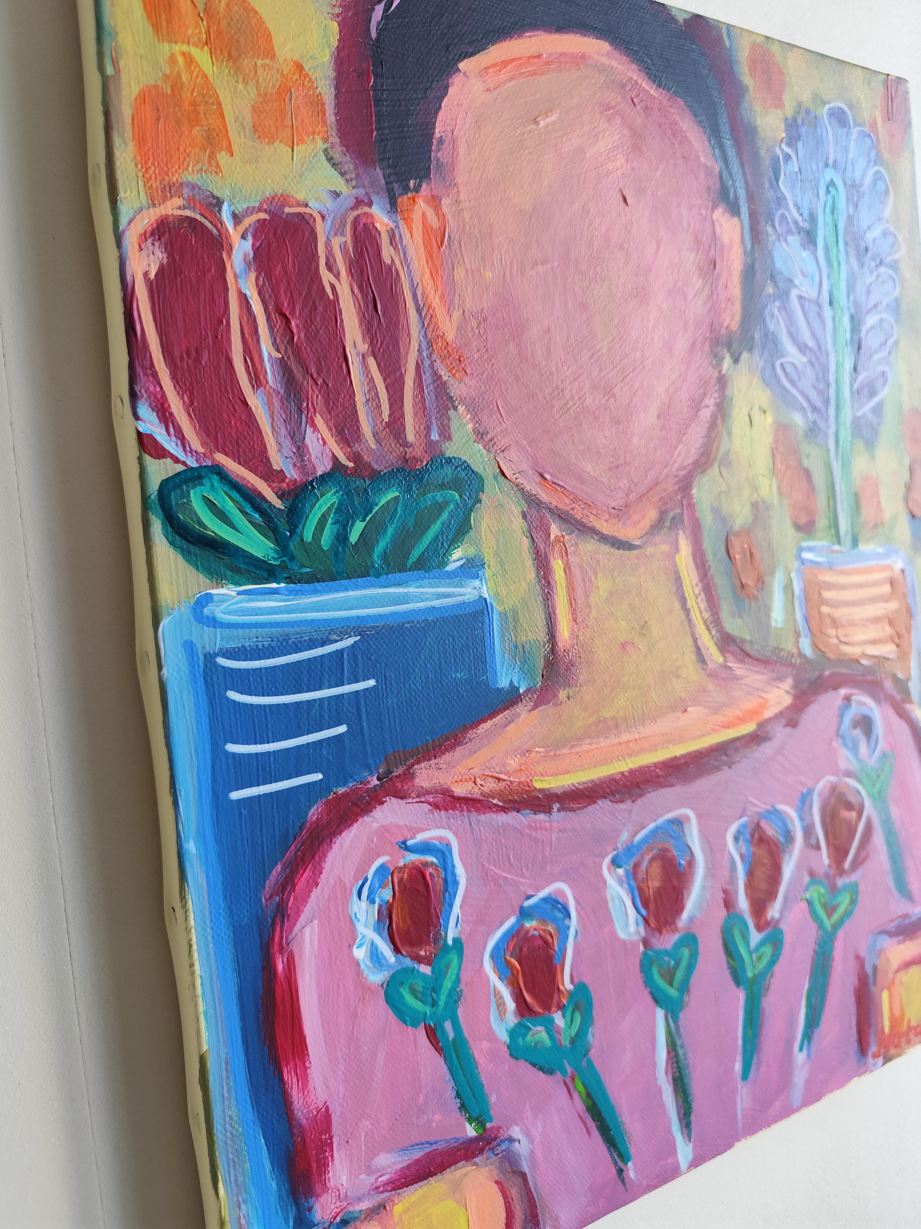 Zeitgenössische abstrakte figurative Malerei  eines Frauenporträts *Woman Blossom 