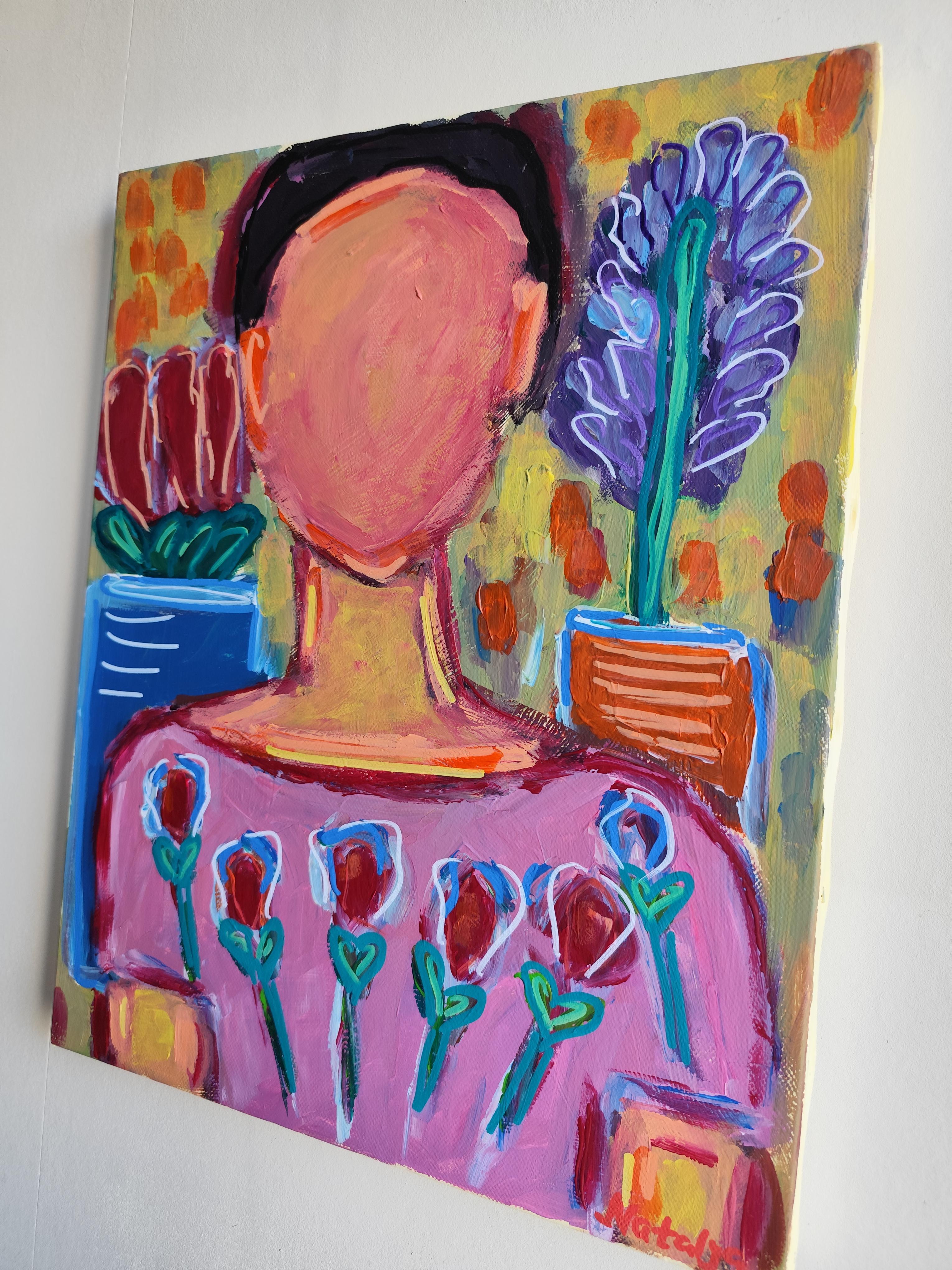 Zeitgenössische abstrakte figurative Malerei  eines Frauenporträts *Woman Blossom 