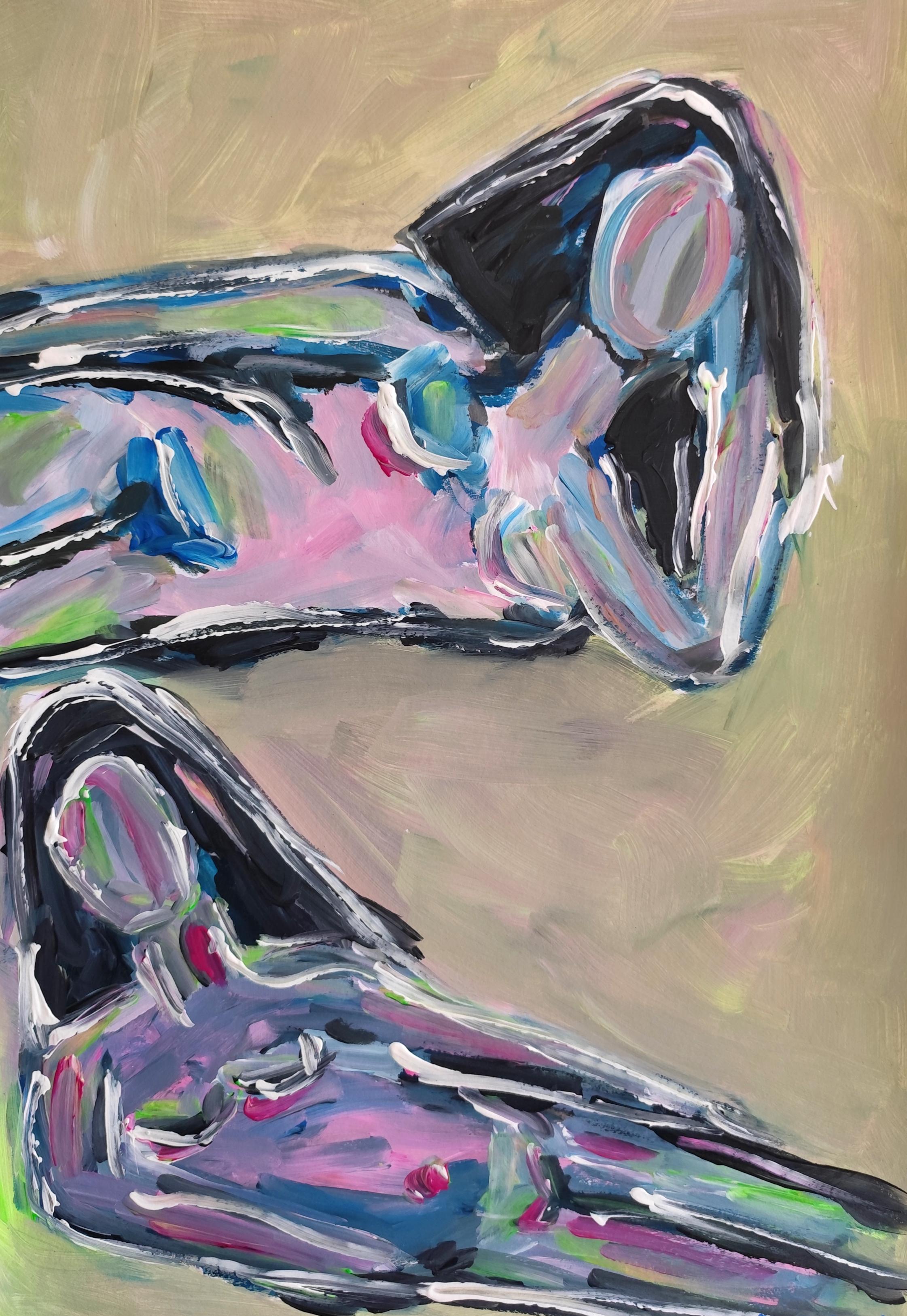 Contemporary abstract  figurative painting two women on paper "A pause for two"