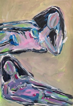 Contemporary abstract  figurative painting two women on paper "A pause for two"