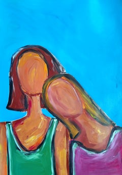 Contemporary abstract figurative portrait of two women on paper "Dual Unity"
