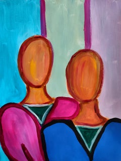Portrait figuratif abstrait contemporain de deux femmes sur papier "Heldly together".