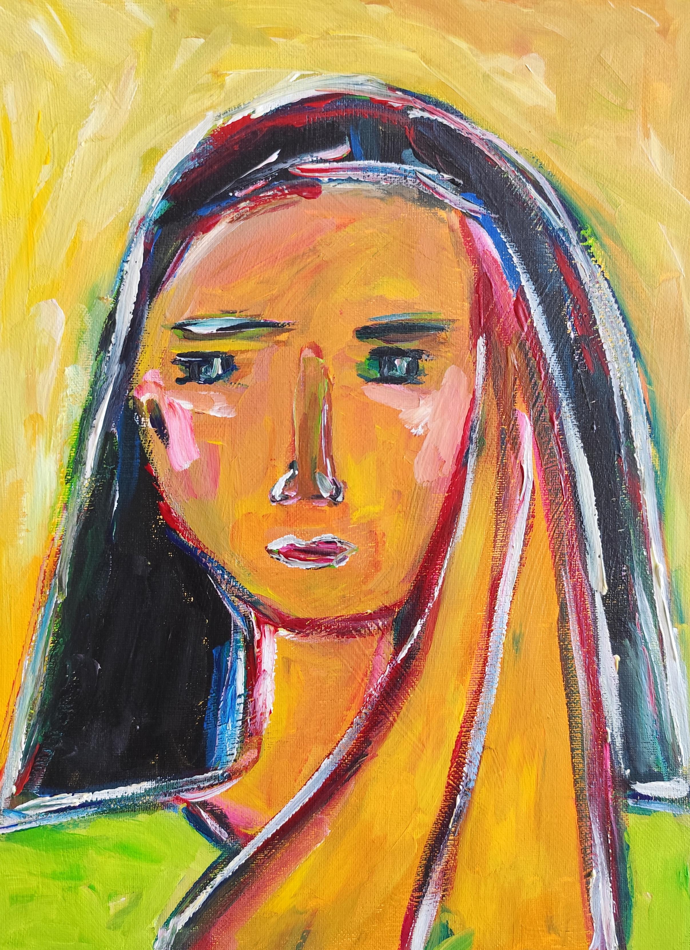 Contemporary abstract figurative portrait woman on canvas "Becoming woman"
