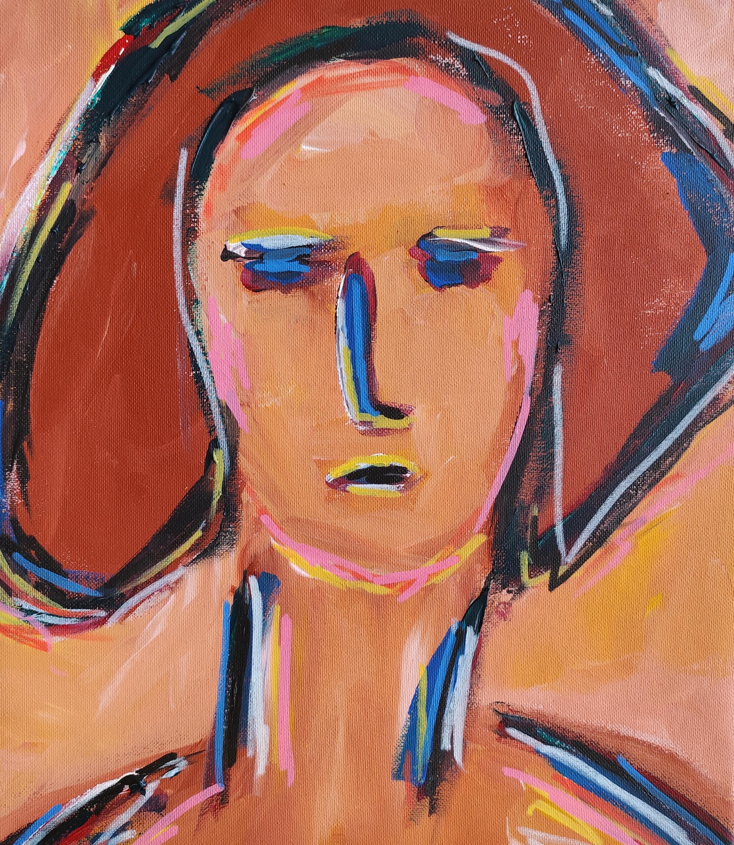 Zeitgenössisches abstraktes figuratives Frauenporträt Acryl auf Leinwand "Soul Force".