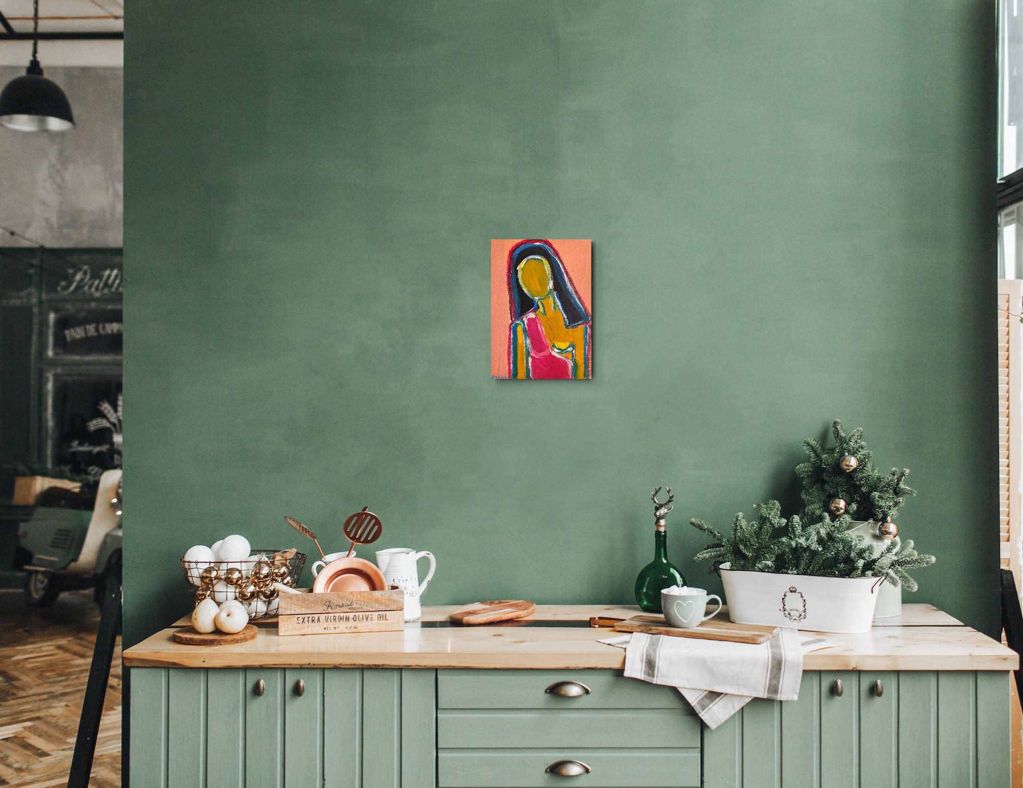 “Silent Tempest” is an abstract woman’s portrait by French contemporary artist Natalya Mougenot, painted in her distinctive expressionist and metamodernist style. Combining bold color contrasts, gestural brushwork, and minimalist form, the artist