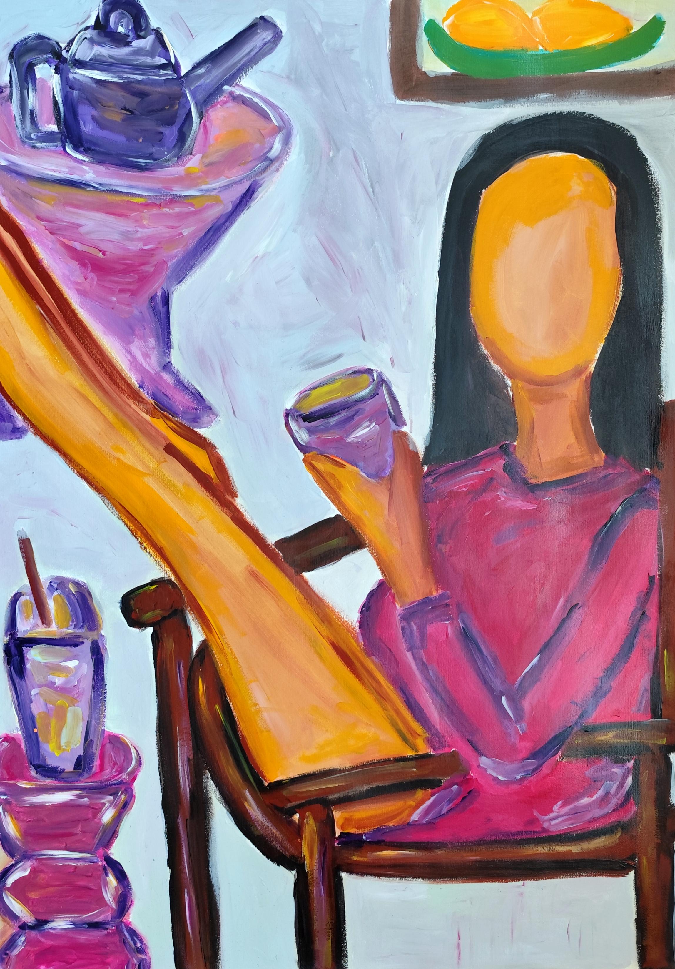 Mougenot Natalya Figurative Painting - Contemporary abstract figurative woman
s portrait on paper "Coffee Moment"