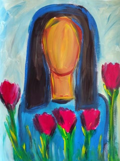 Contemporary abstract figurative woman
s portrait on paper "Woman Flowered"