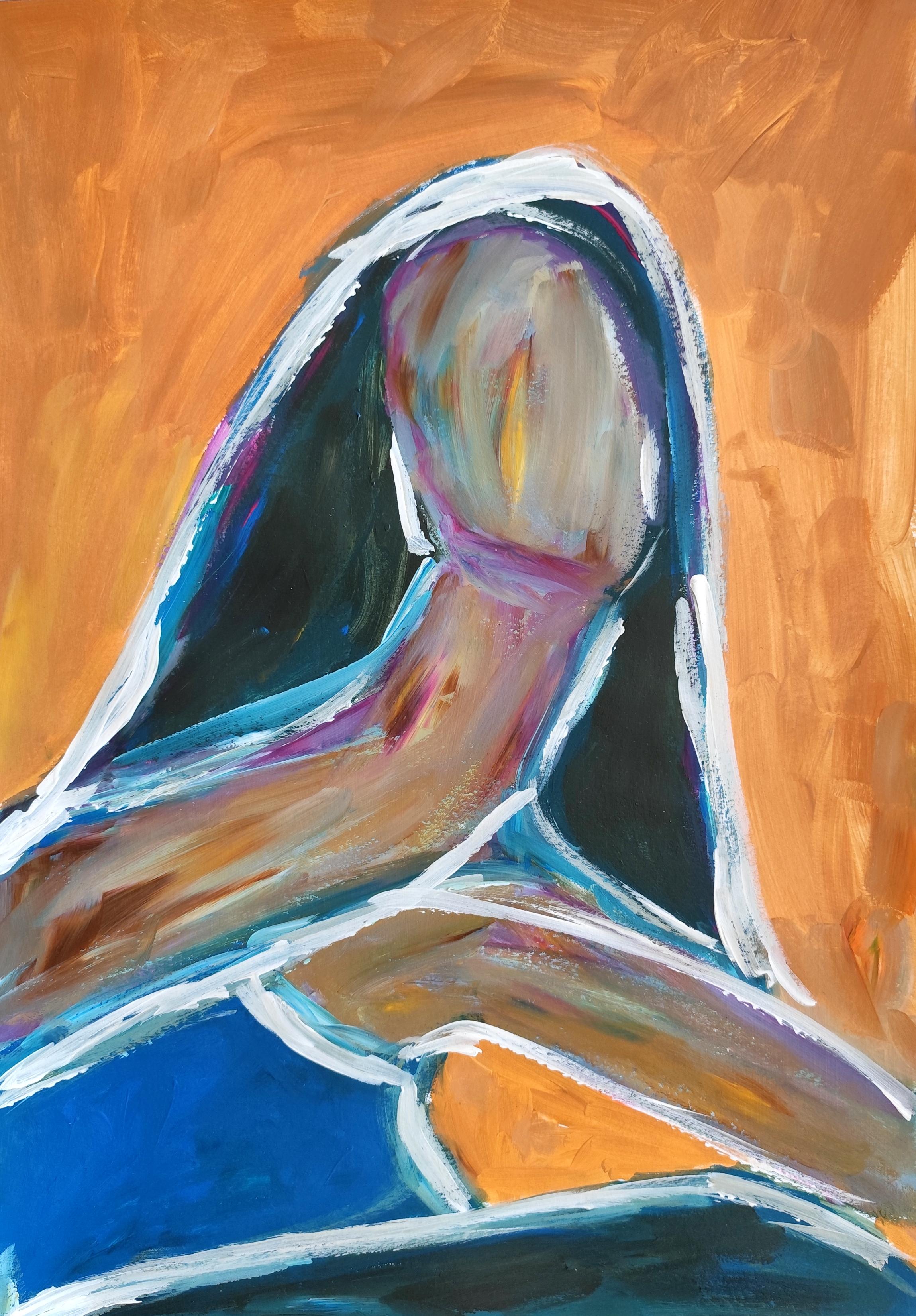 Mougenot Natalya Figurative Painting - Contemporary abstract figurative woman
s portrait painting on paper "Inner calm"