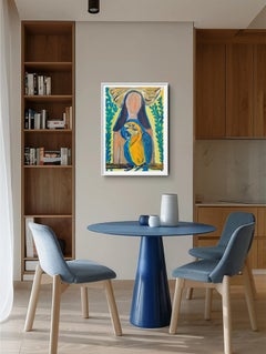 Portrait abstrait contemporain de femme figurative avec perroquet "Tropical bond"