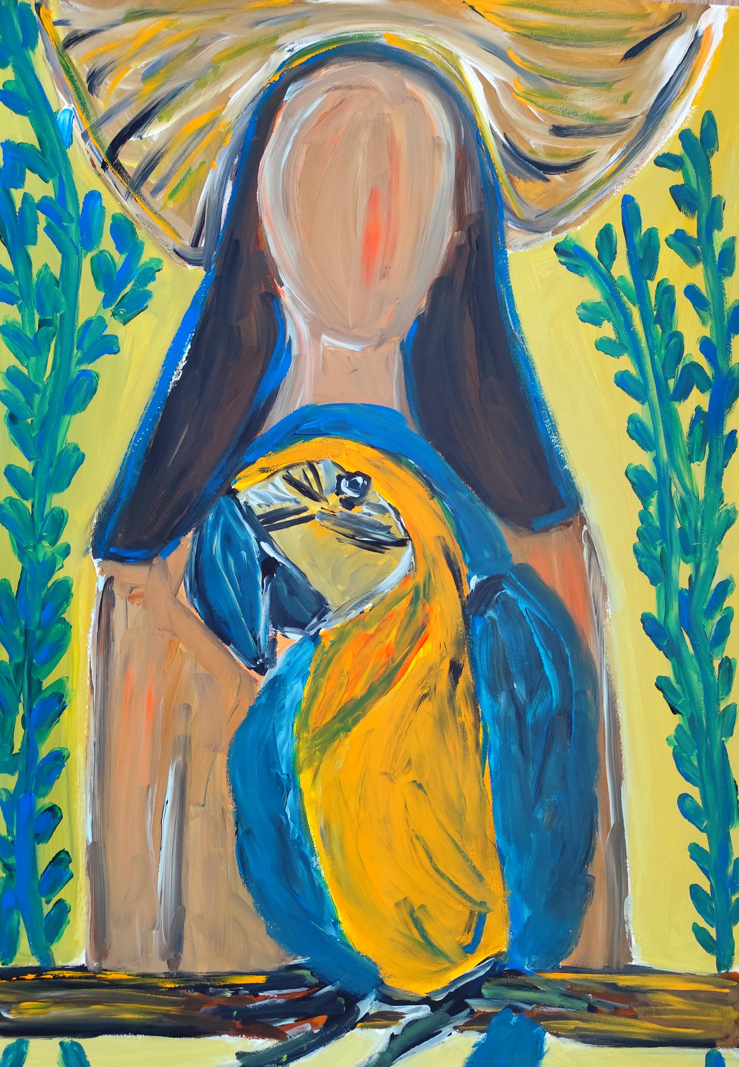 Portrait Painting di Mougenot Natalya - Contemporary abstract figurative woman
s portrait with parrot "Tropical bond"