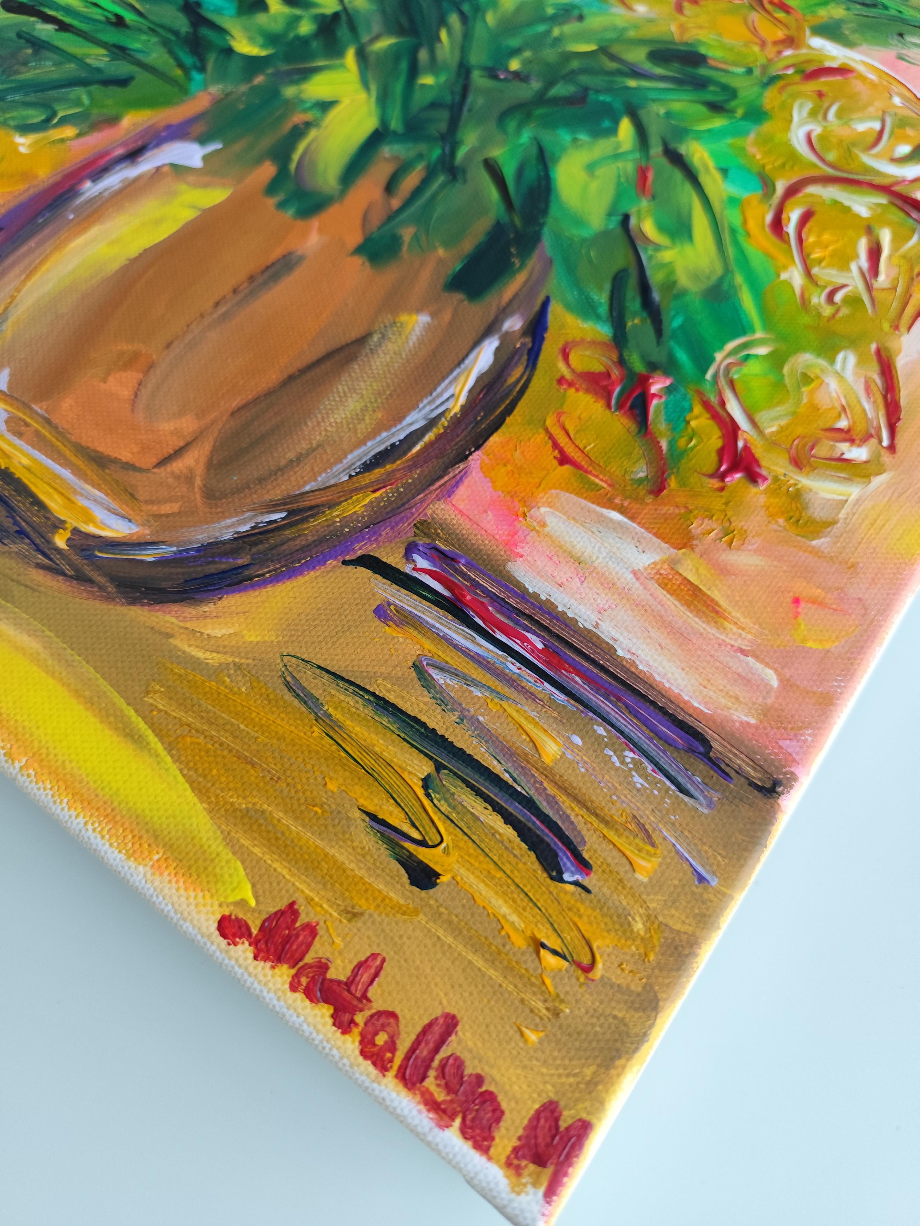Pintura acrílica floral abstracta contemporánea sobre lienzo 