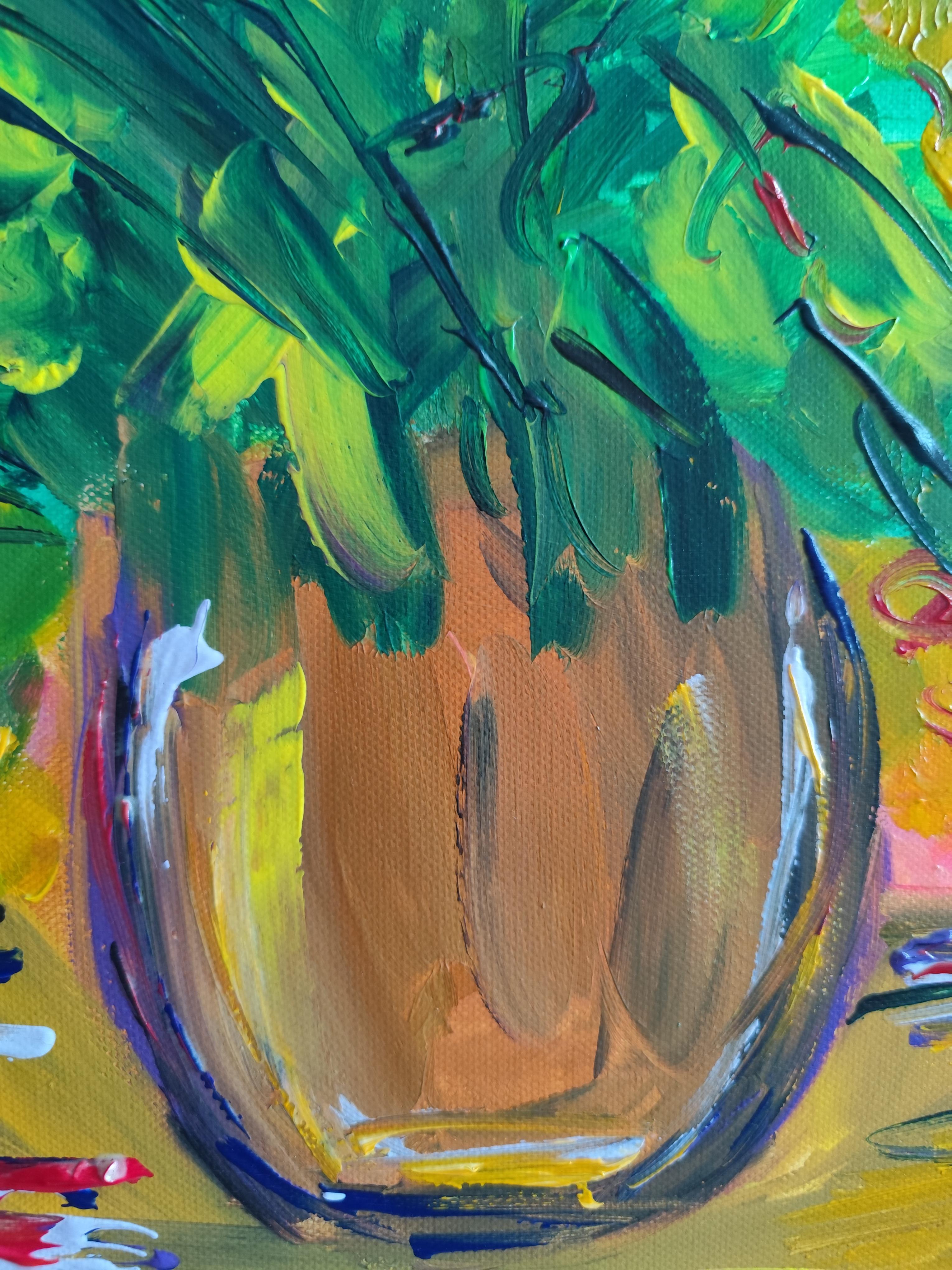Pintura acrílica floral abstracta contemporánea sobre lienzo 