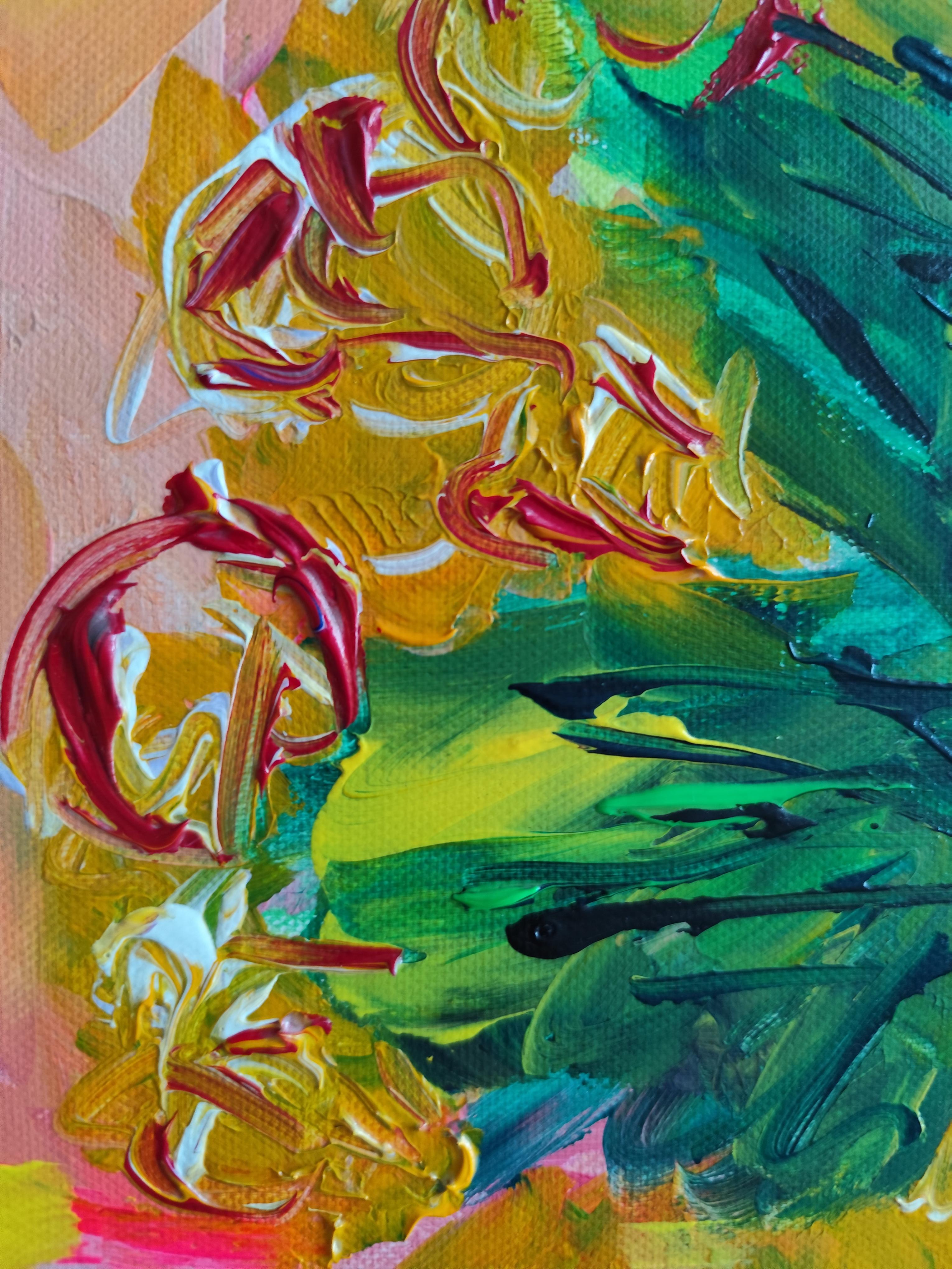 Pintura acrílica floral abstracta contemporánea sobre lienzo 