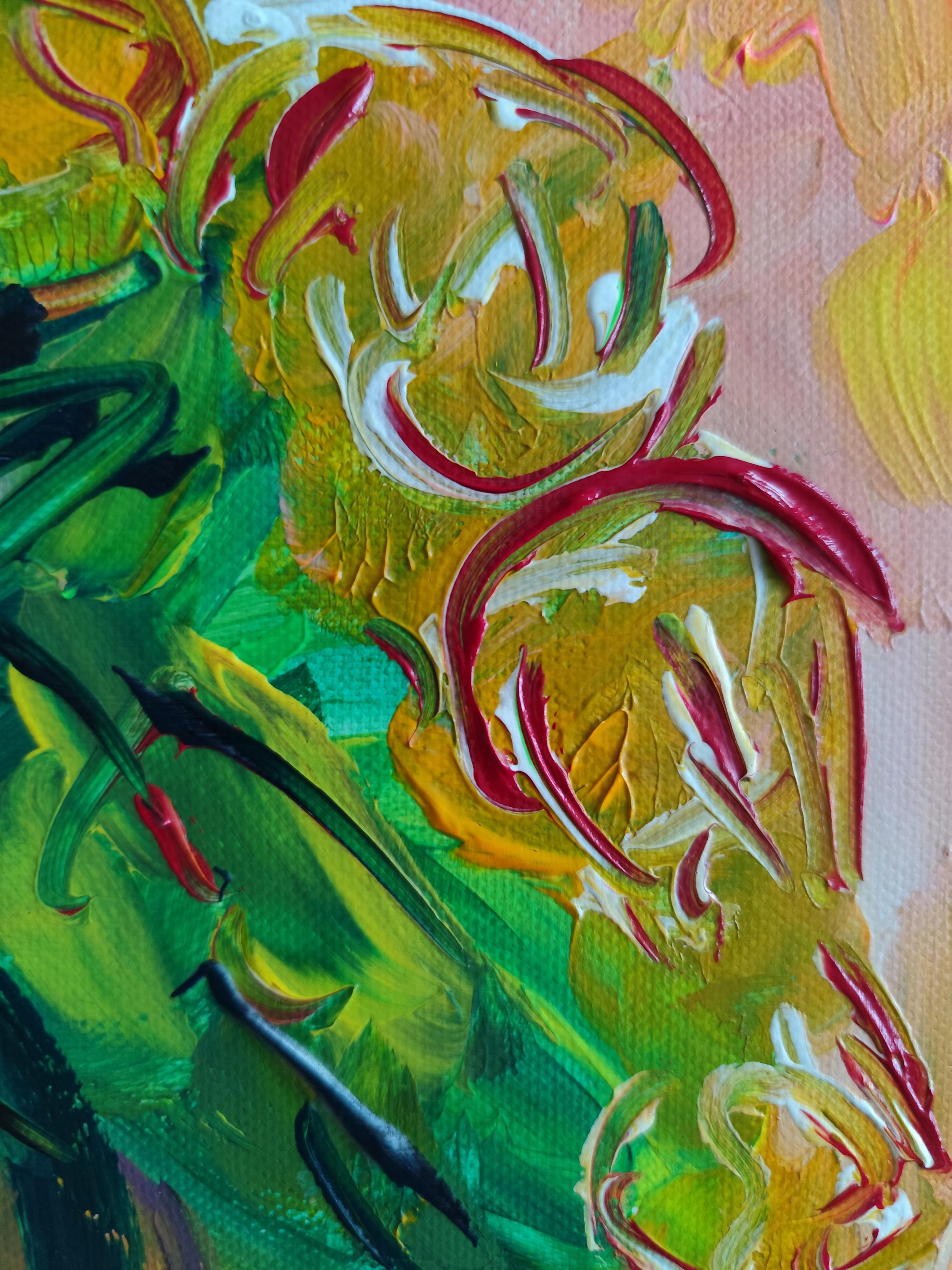 Pintura acrílica floral abstracta contemporánea sobre lienzo 