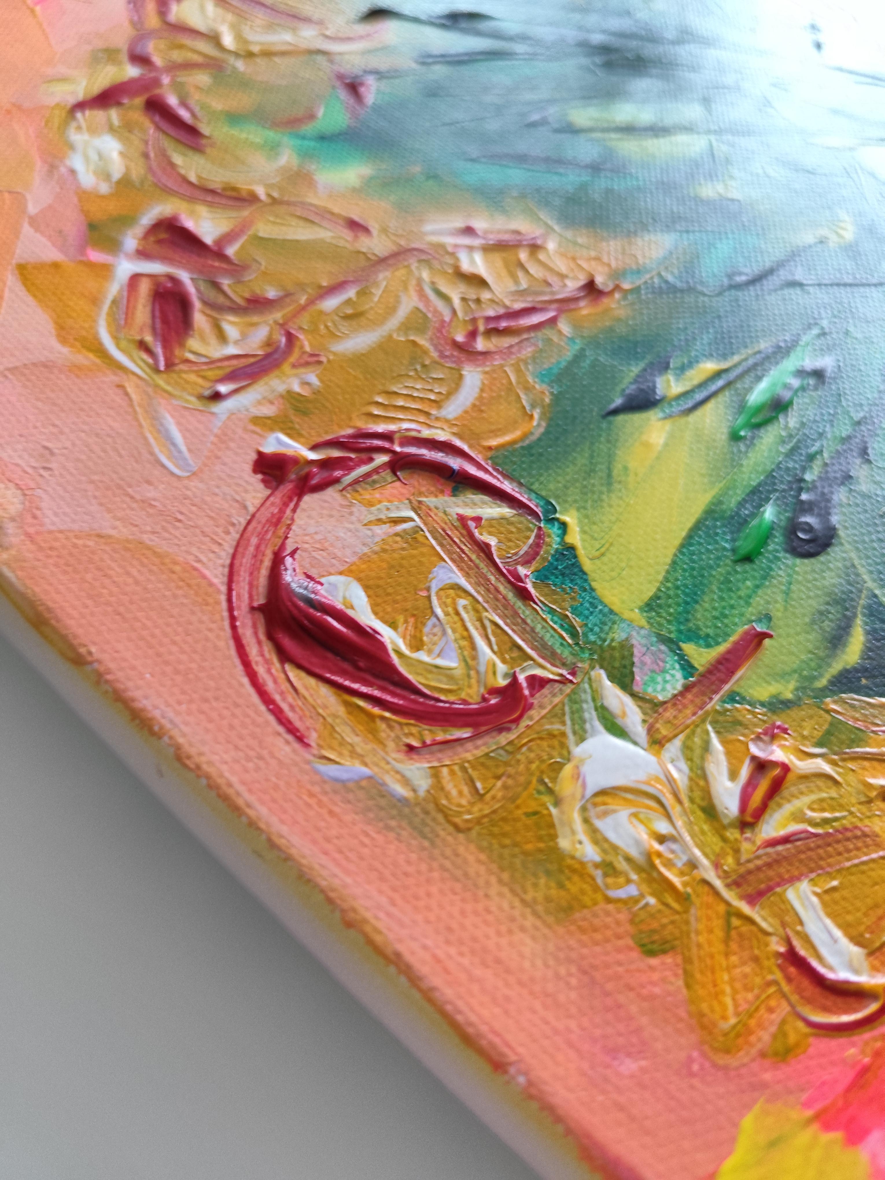 Pintura acrílica floral abstracta contemporánea sobre lienzo 