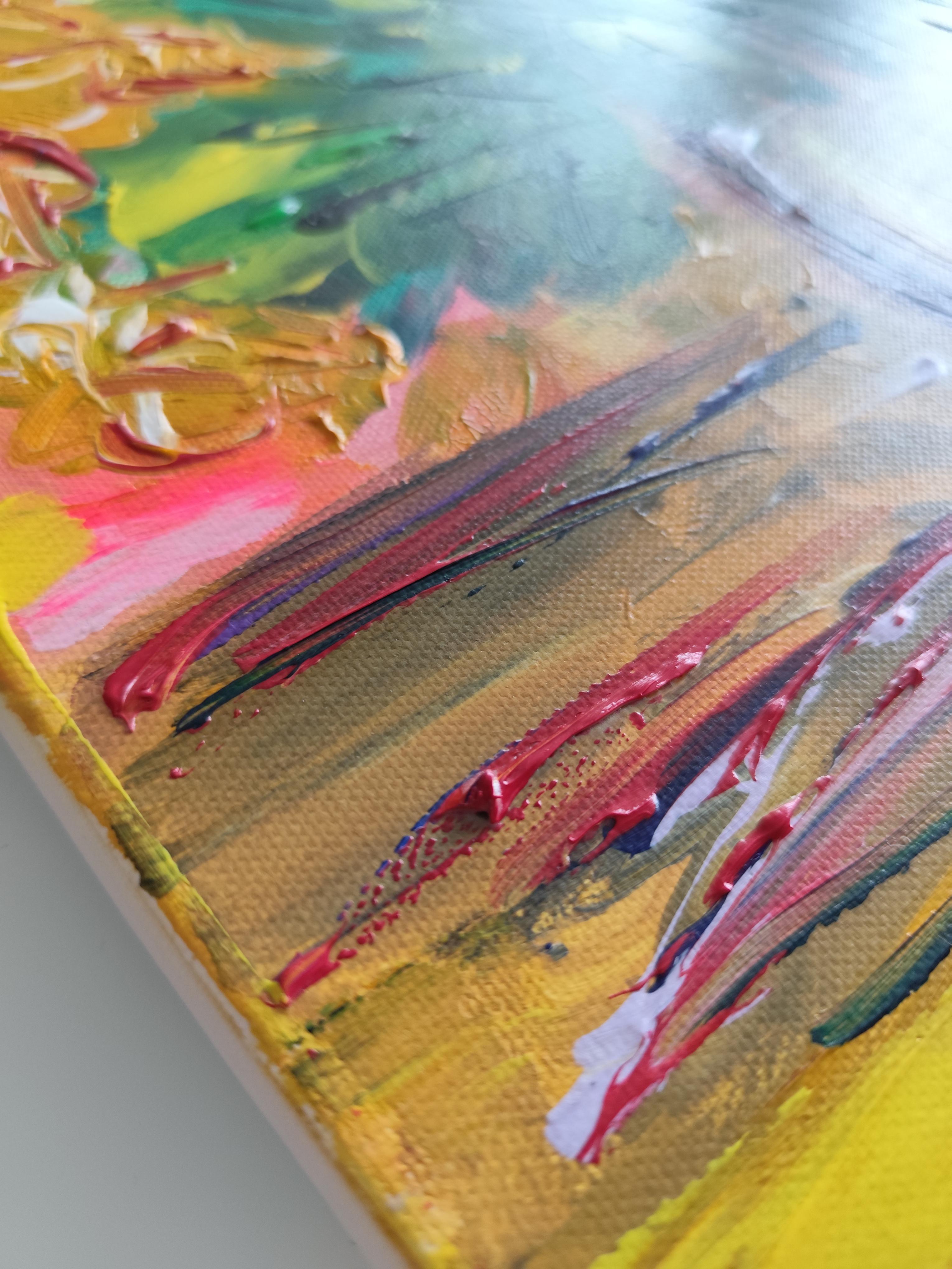 Pintura acrílica floral abstracta contemporánea sobre lienzo 
