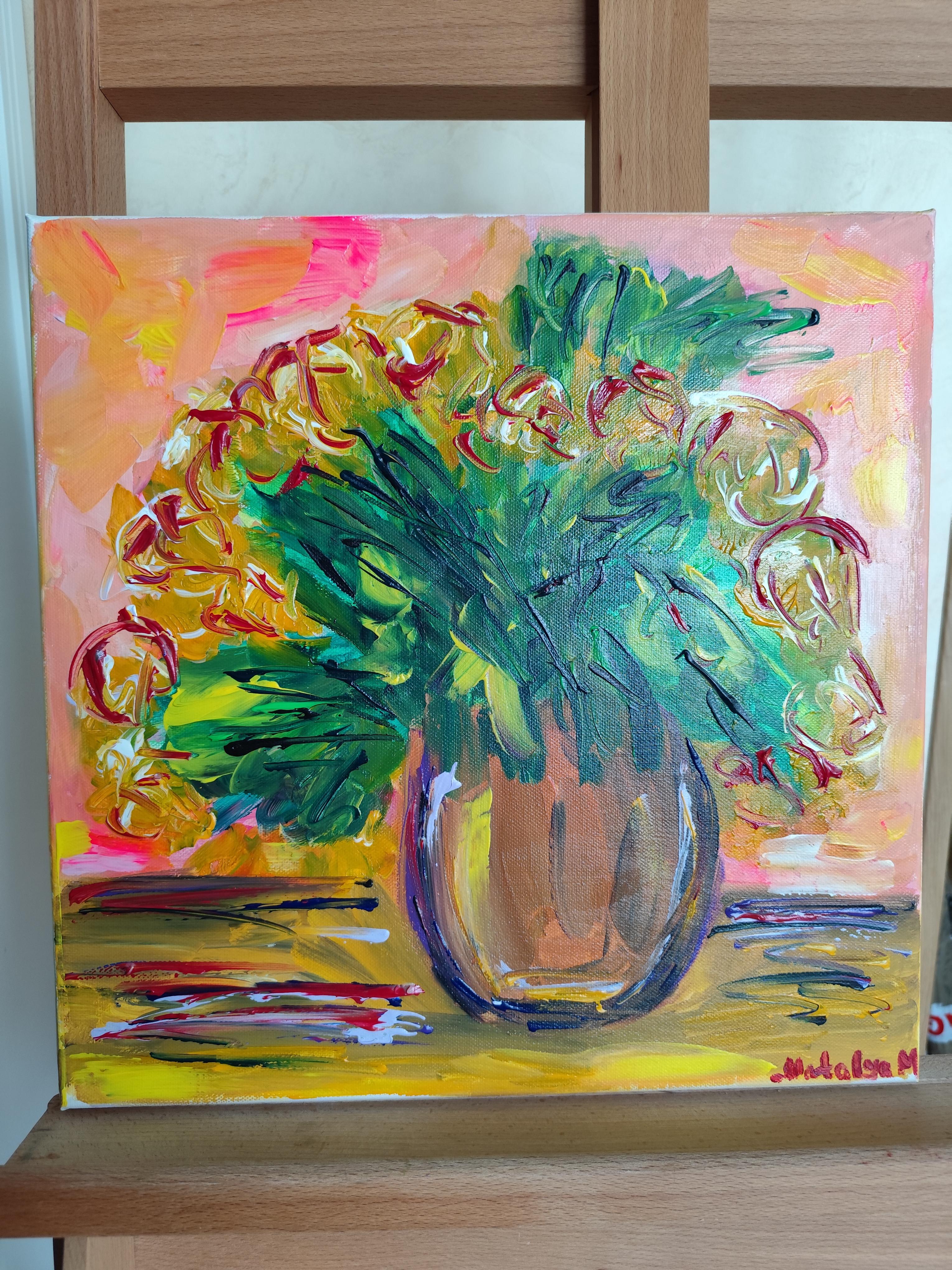 Pintura acrílica floral abstracta contemporánea sobre lienzo 